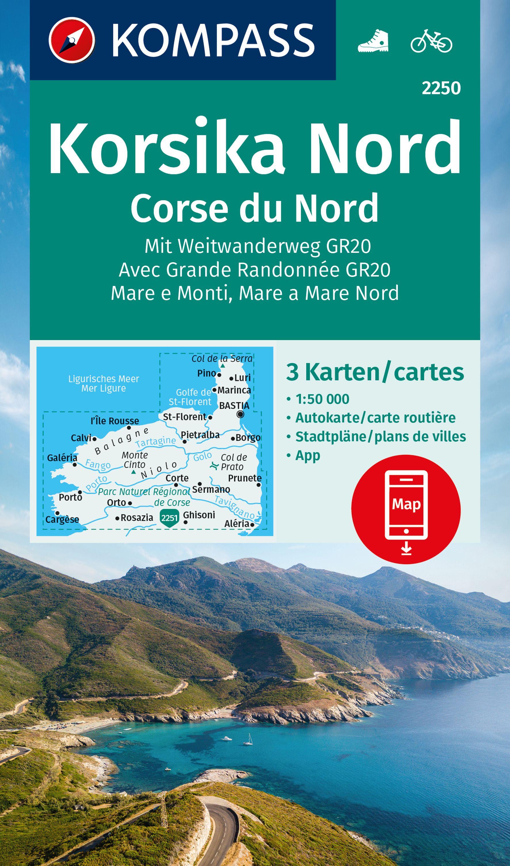 Vorderes Coverbild KOMPASS Wanderkarten-Set 2250 Korsika Nord, Corse du Nord, Weitwanderweg GR20 (3 Karten) 1:50.000