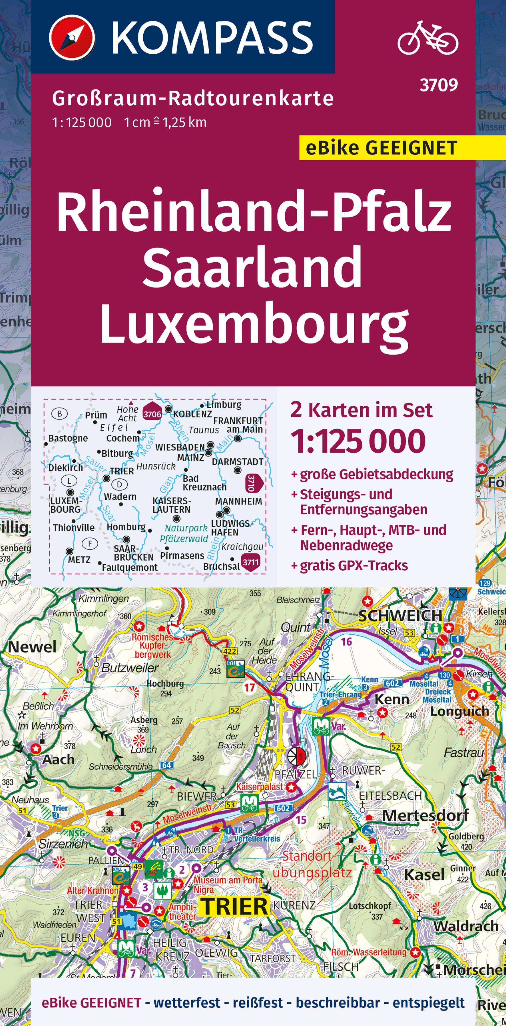 Vorderes Coverbild KOMPASS Großraum-Radtourenkarte 3709 Rheinland-Pfalz, Saarland, Luxembourg, 1:125.000