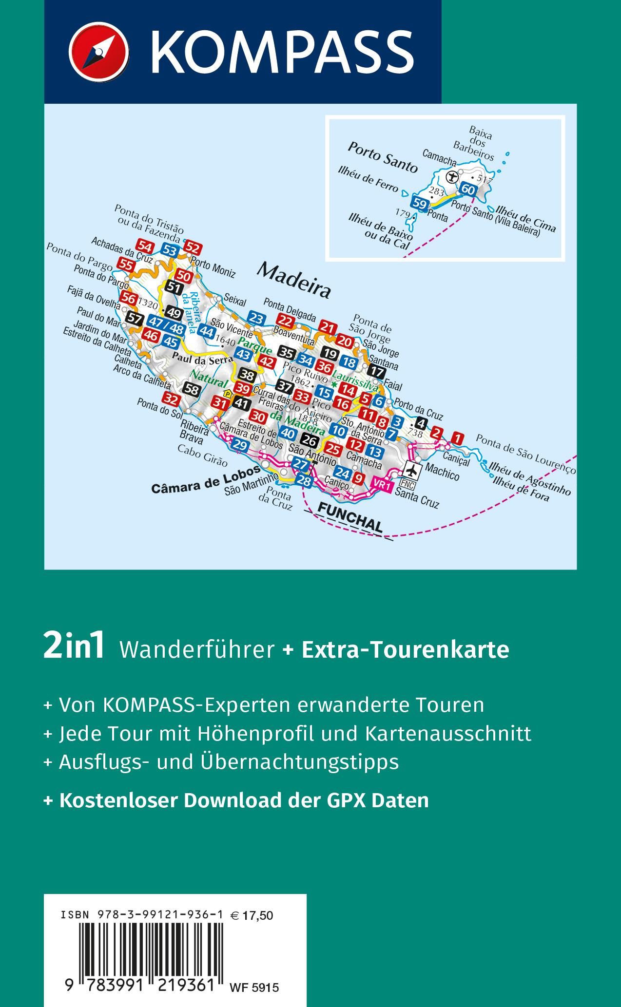 Rückseitencover KOMPASS Wanderführer Madeira, 60 Touren mit Extra-Tourenkarte