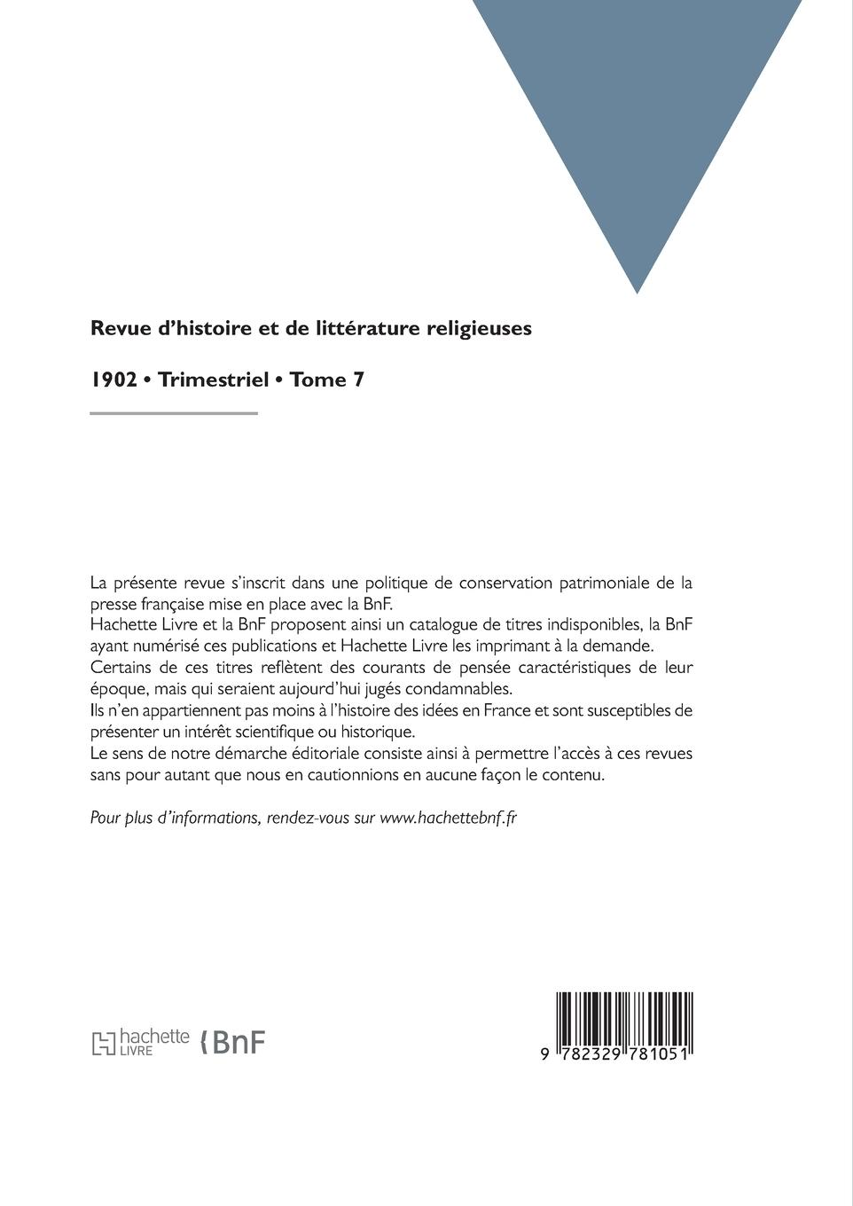 Rückseitencover Revue d'histoire et de littérature religieuses