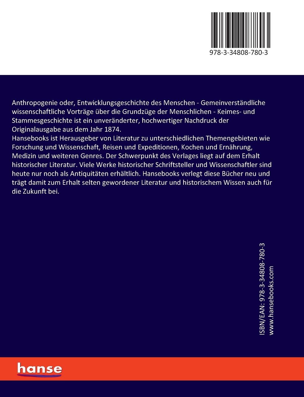 Rückseitencover Anthropogenie oder, Entwicklungsgeschichte des Menschen