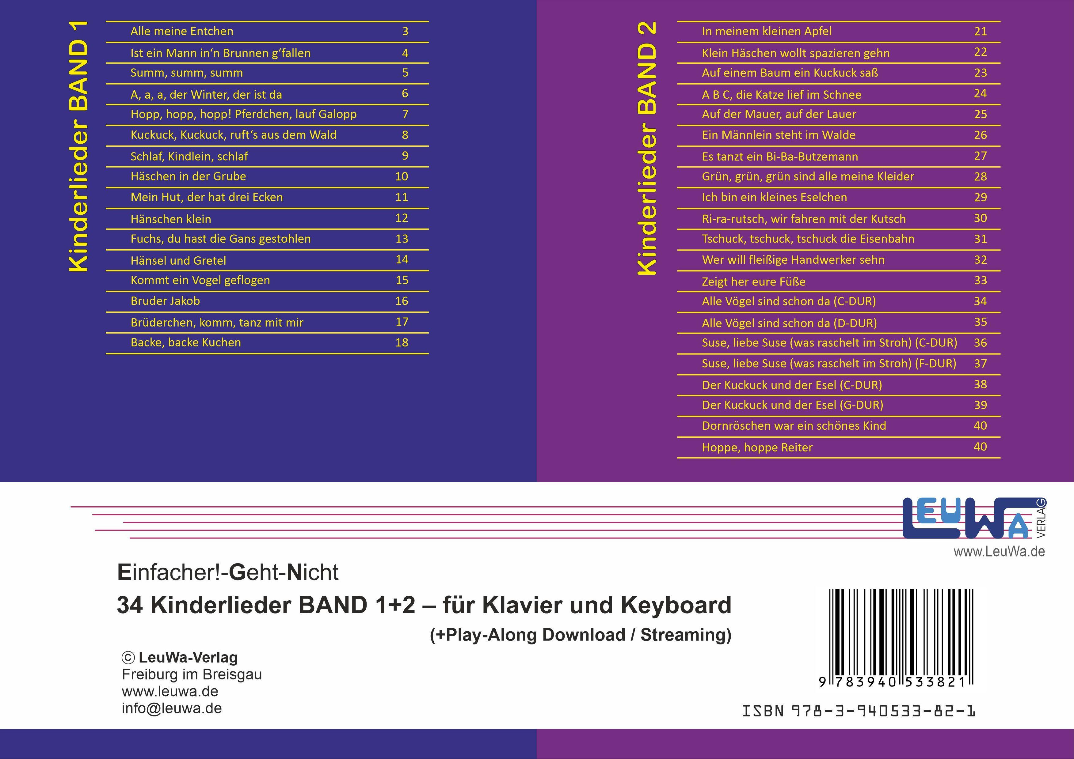 Rückseitencover Einfacher!-Geht-Nicht: 34 Kinderlieder BAND 1+2 für Klavier und Keyboard (+Play-Along-Streaming) | LeuWa