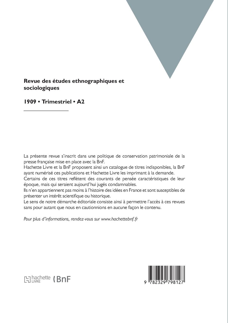 Rückseitencover Revue des études ethnographiques et sociologiques