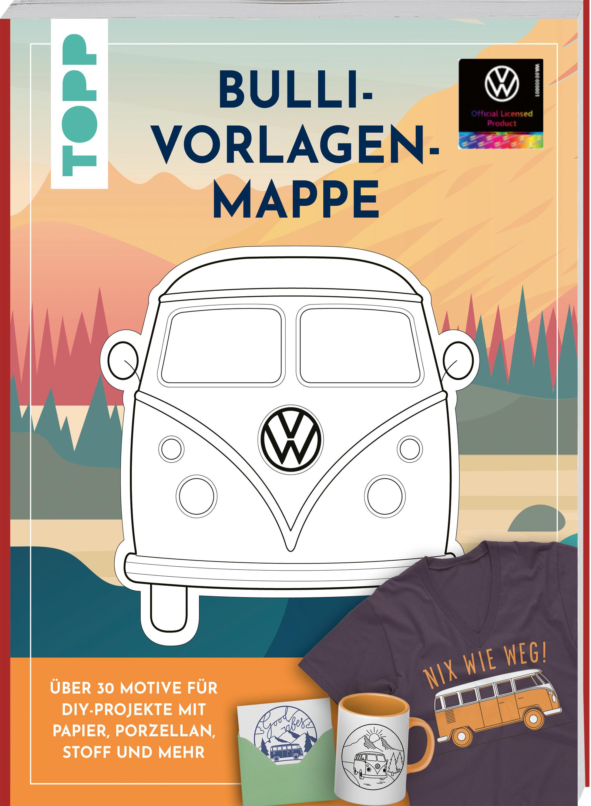 Vorderes Coverbild VW Vorlagenmappe "Bulli". Die offizielle kreative Vorlagensammlung mit dem kultigen VW-Bus