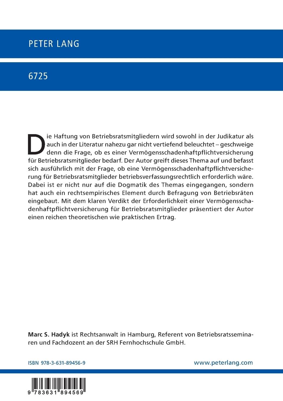 Rückseitencover Die "Erforderlichkeit" einer Vermögensschadenhaftpflichtversicherung  für Betriebsratsmitglieder