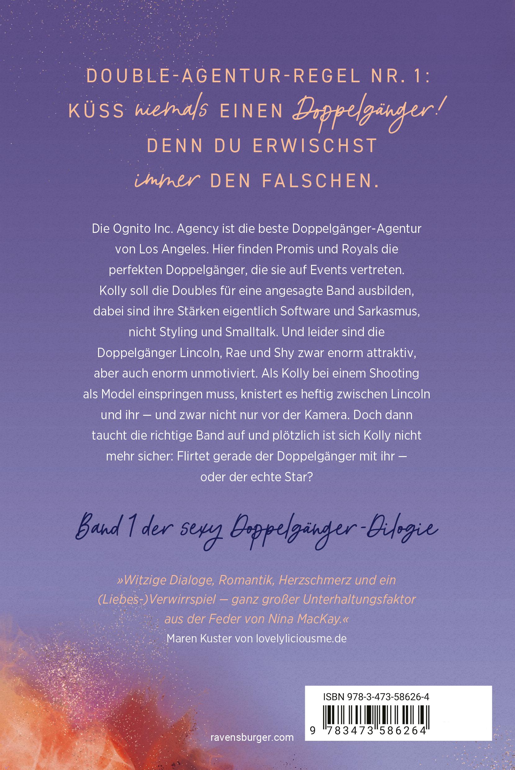 Rückseitencover Doppelgänger-Agentur, Band 1: Double Crush (Humorvolle New-Adult-Romance für alle Fans von Kiss Me Once)
