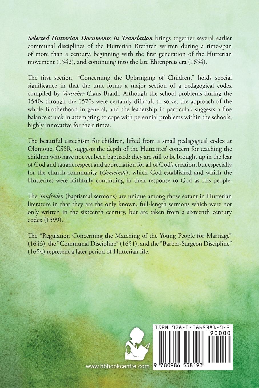 Rückseitencover Selected Hutterian Documents in Translation, 1542-1654