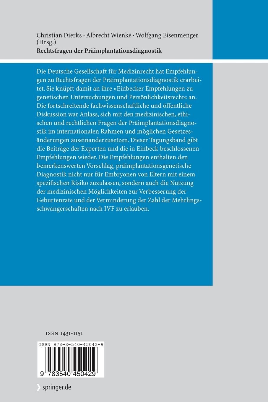 Rückseitencover Rechtsfragen der Präimplantationsdiagnostik