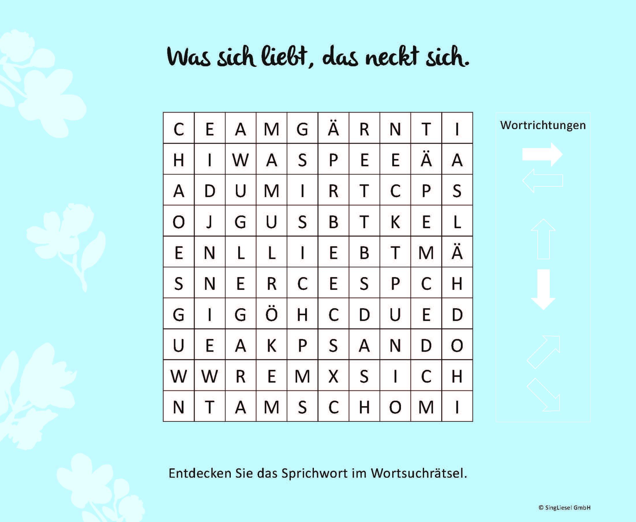 Beispielinhalt (Bild) Wortsuchrätsel für Senioren mit vertrauten Sprichwörtern. Spiele-Spaß, Beschäftigung und Gedächtnistraining für Senioren. Auch mit Demenz. Großdruck.