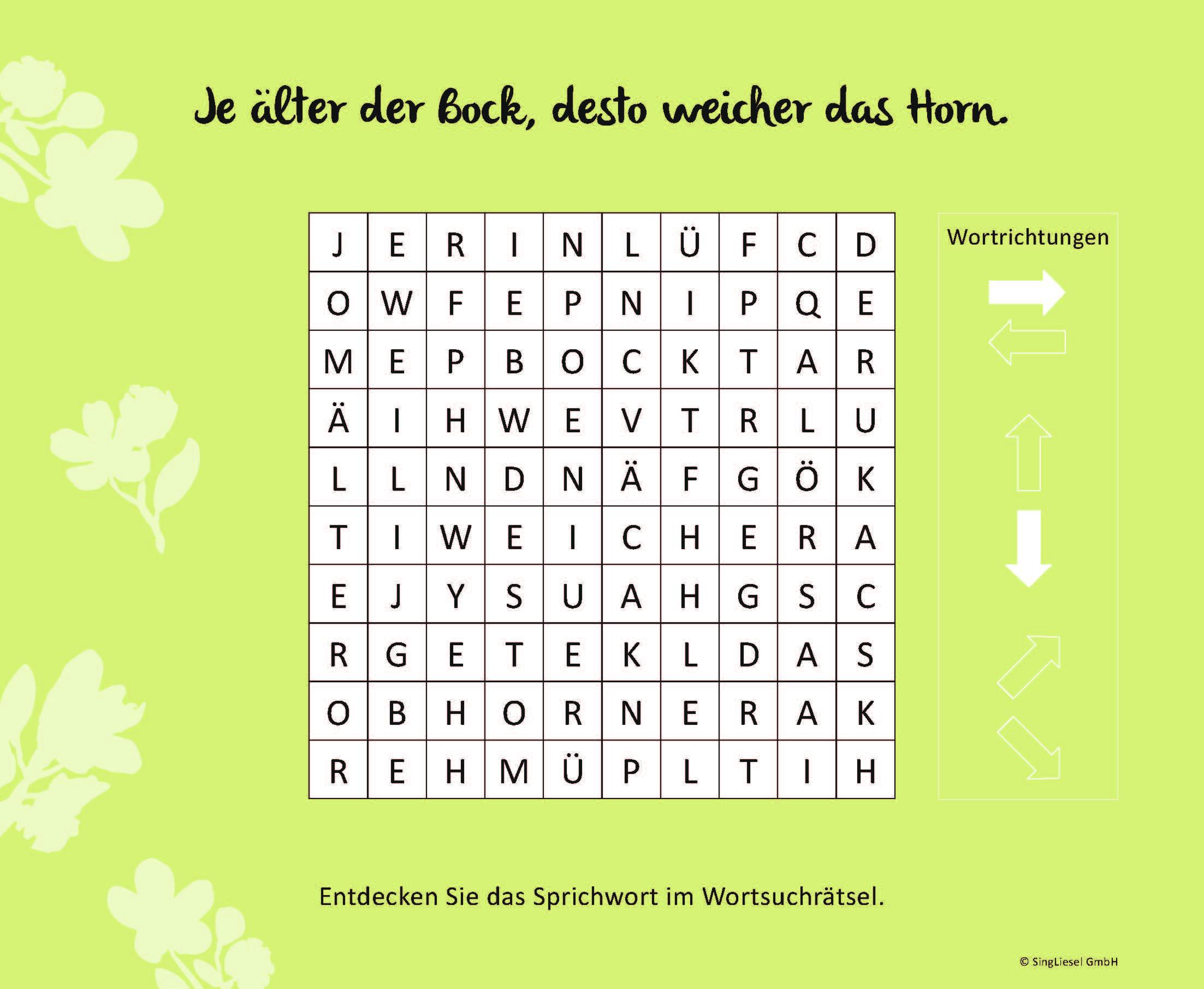 Beispielinhalt (Bild) Wortsuchrätsel für Senioren mit vertrauten Sprichwörtern. Spiele-Spaß, Beschäftigung und Gedächtnistraining für Senioren. Auch mit Demenz. Großdruck.