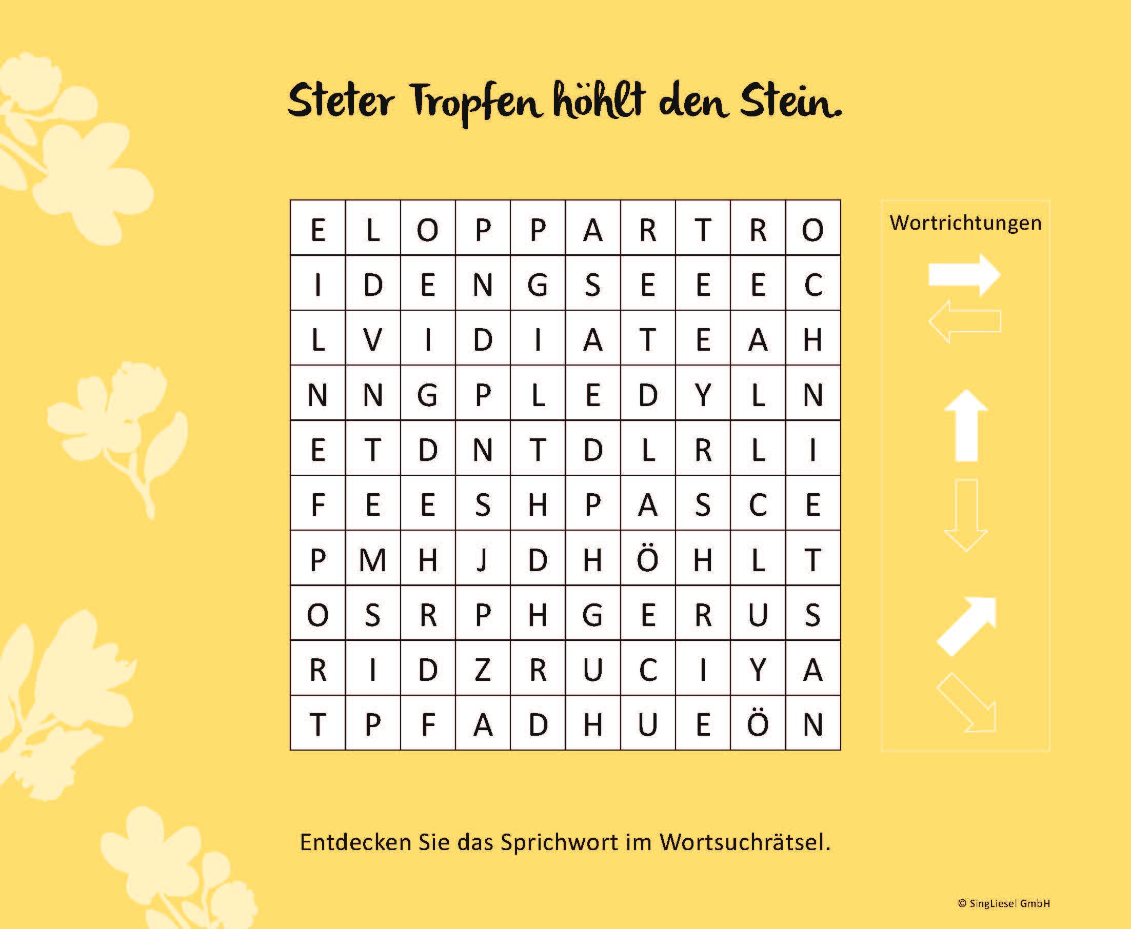 Beispielinhalt (Bild) Wortsuchrätsel für Senioren mit vertrauten Sprichwörtern. Spiele-Spaß, Beschäftigung und Gedächtnistraining für Senioren. Auch mit Demenz. Großdruck.