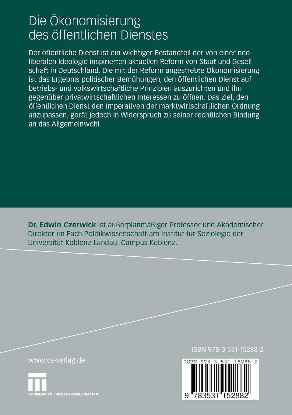 Rückseitencover Die Ökonomisierung des öffentlichen Dienstes