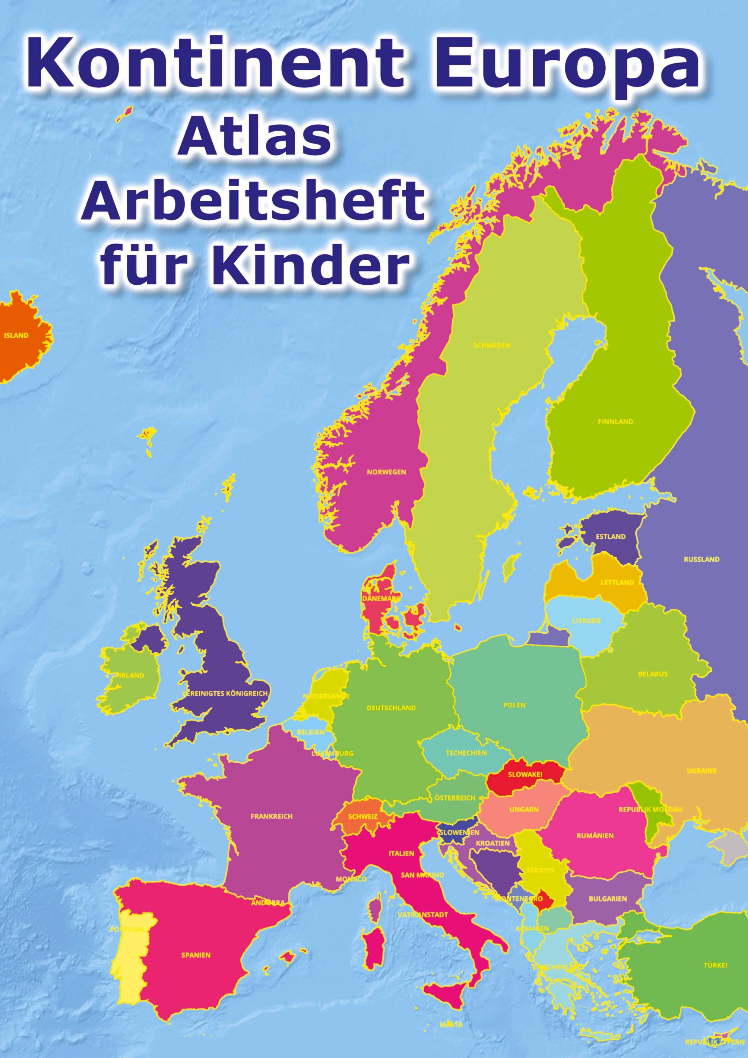 Vorderes Coverbild Kontinent Europa geographischer Atlas Arbeitsheft für Kinder
