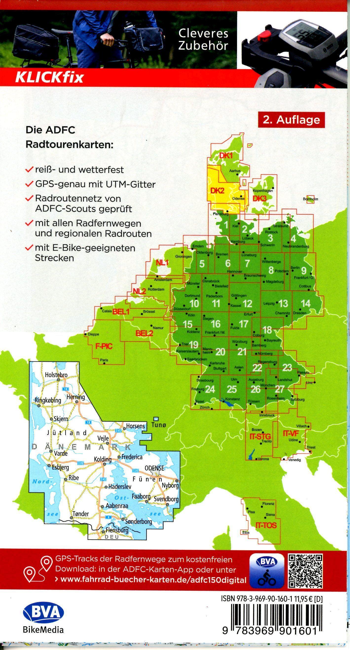 Beispielinhalt (Bild) ADFC-Radtourenkarte DK2 Dänemark/Jütland Süd/ Fünen 1:150.000, reiß- und wetterfest, E-Bike geeignet, GPS-Tracks Download, mit Bett+Bike Symbolen, mit Kilometer-Angaben