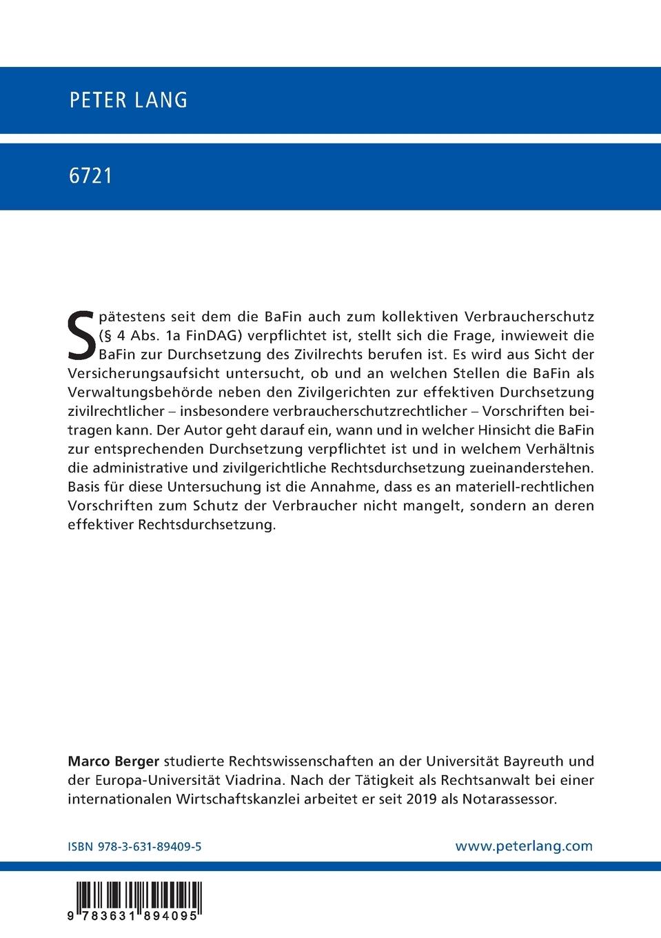 Rückseitencover Die Rolle der BaFin bei der Durchsetzung des versicherungsrechtlichen Zivilrechts