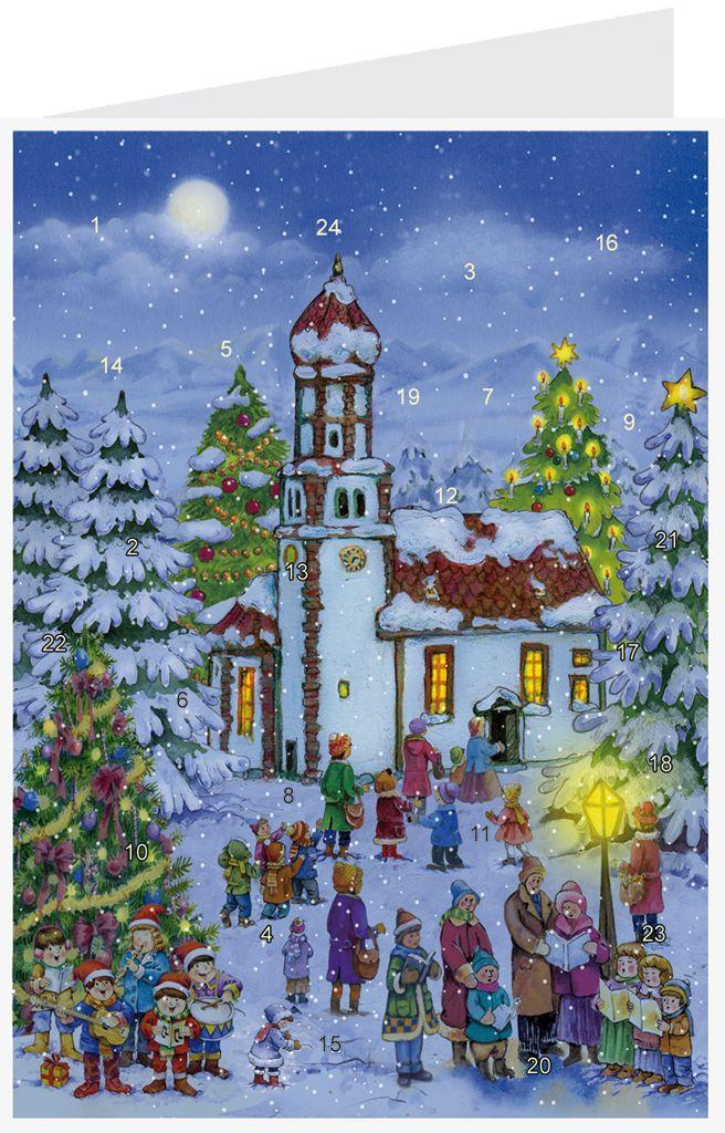 Vorderes Coverbild Postkarten-Adventskalender "Heilig Abend an der Kirche"