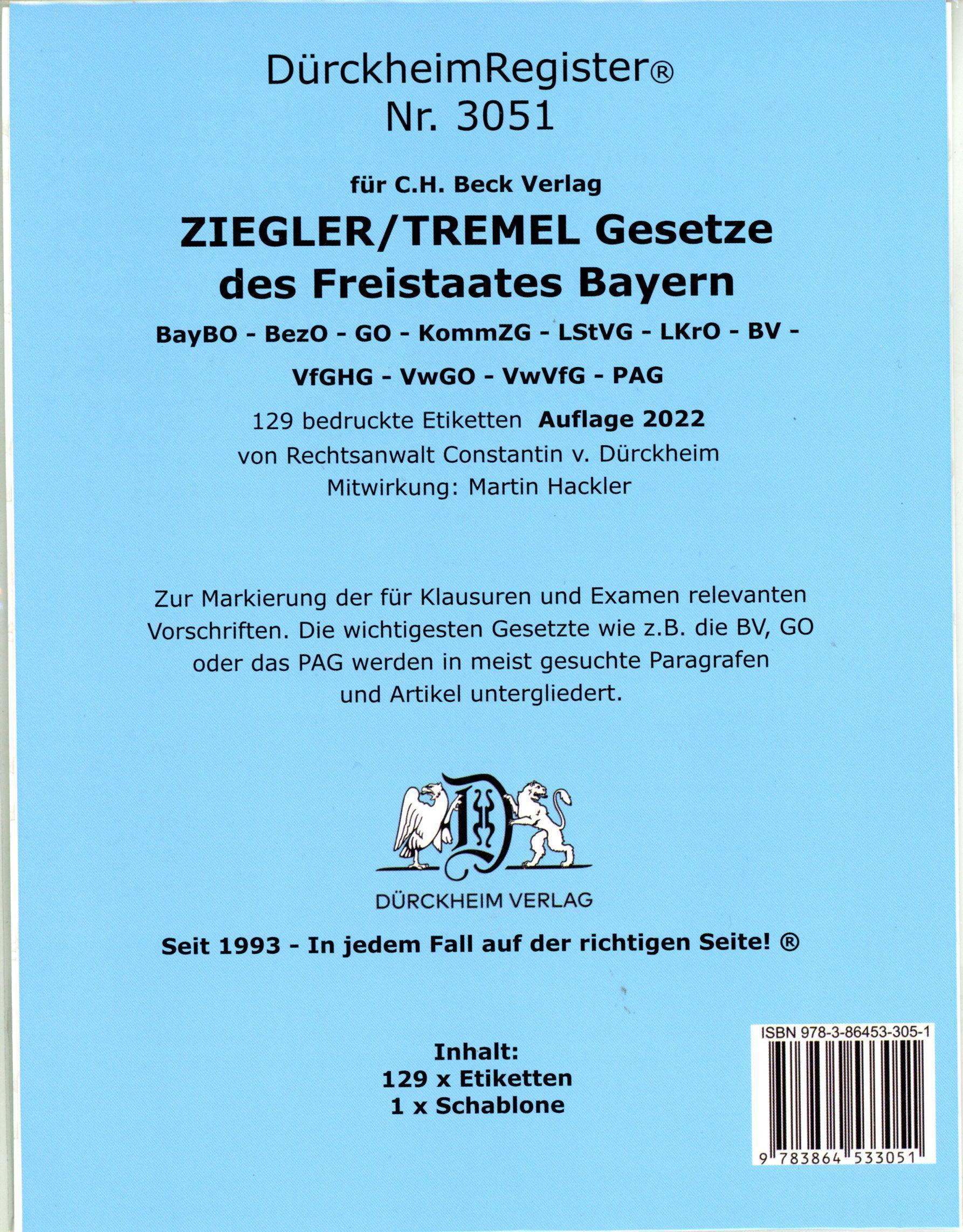 Vorderes Coverbild DürckheimRegister® ZIEGLER TREMEL Gesetze Freistaat Bayern 2023