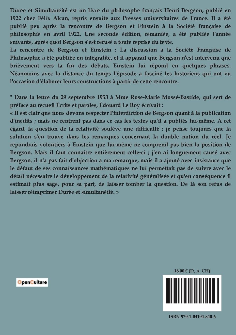 Rückseitencover Durée et simultanéité