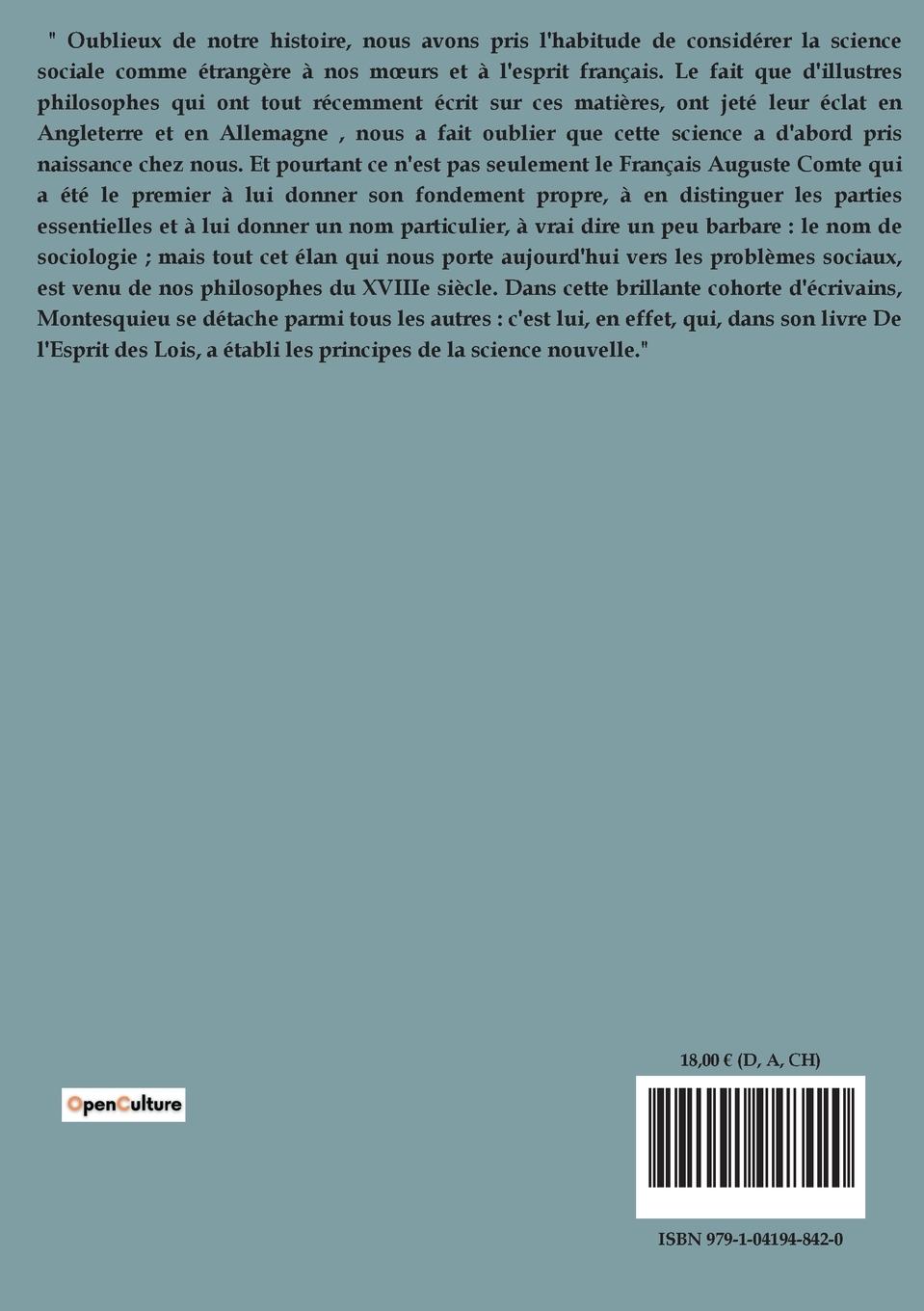 Rückseitencover La contribution de Montesquieu à la constitution de la science sociale