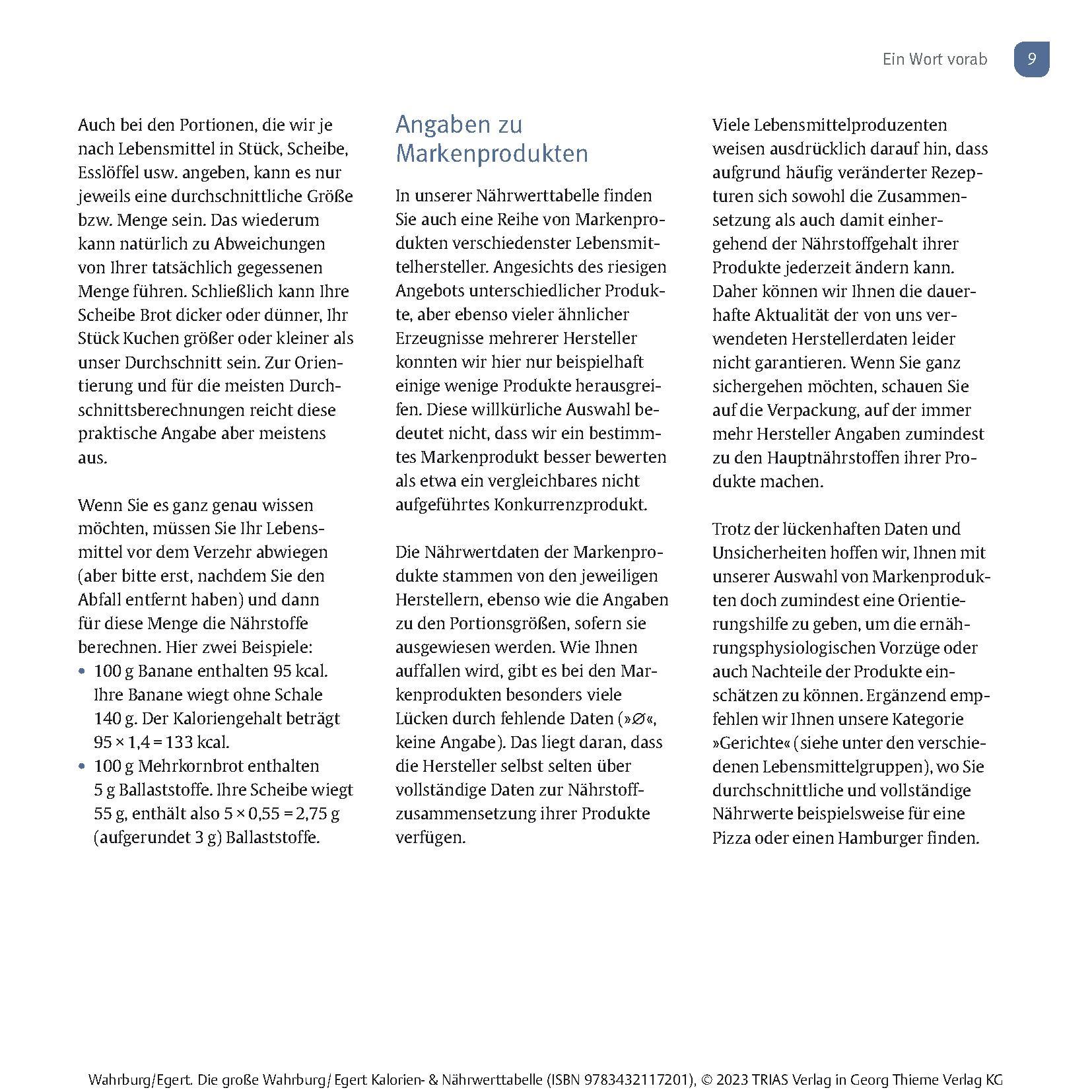 Beispielinhalt (Bild) Die große Wahrburg/Egert Kalorien-&-Nährwerttabelle