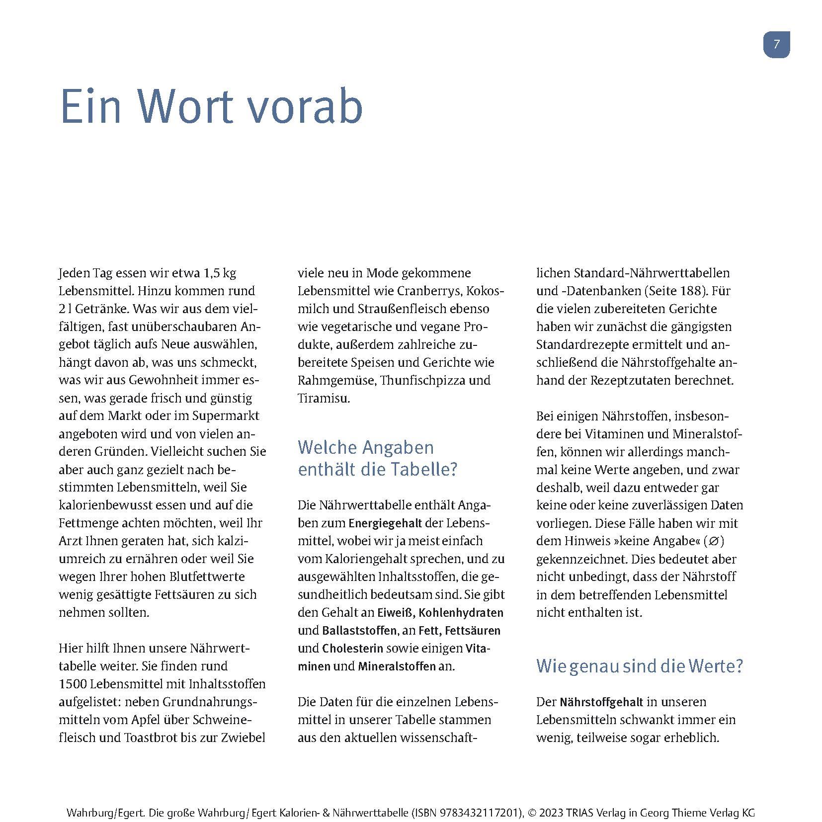 Beispielinhalt (Bild) Die große Wahrburg/Egert Kalorien-&-Nährwerttabelle