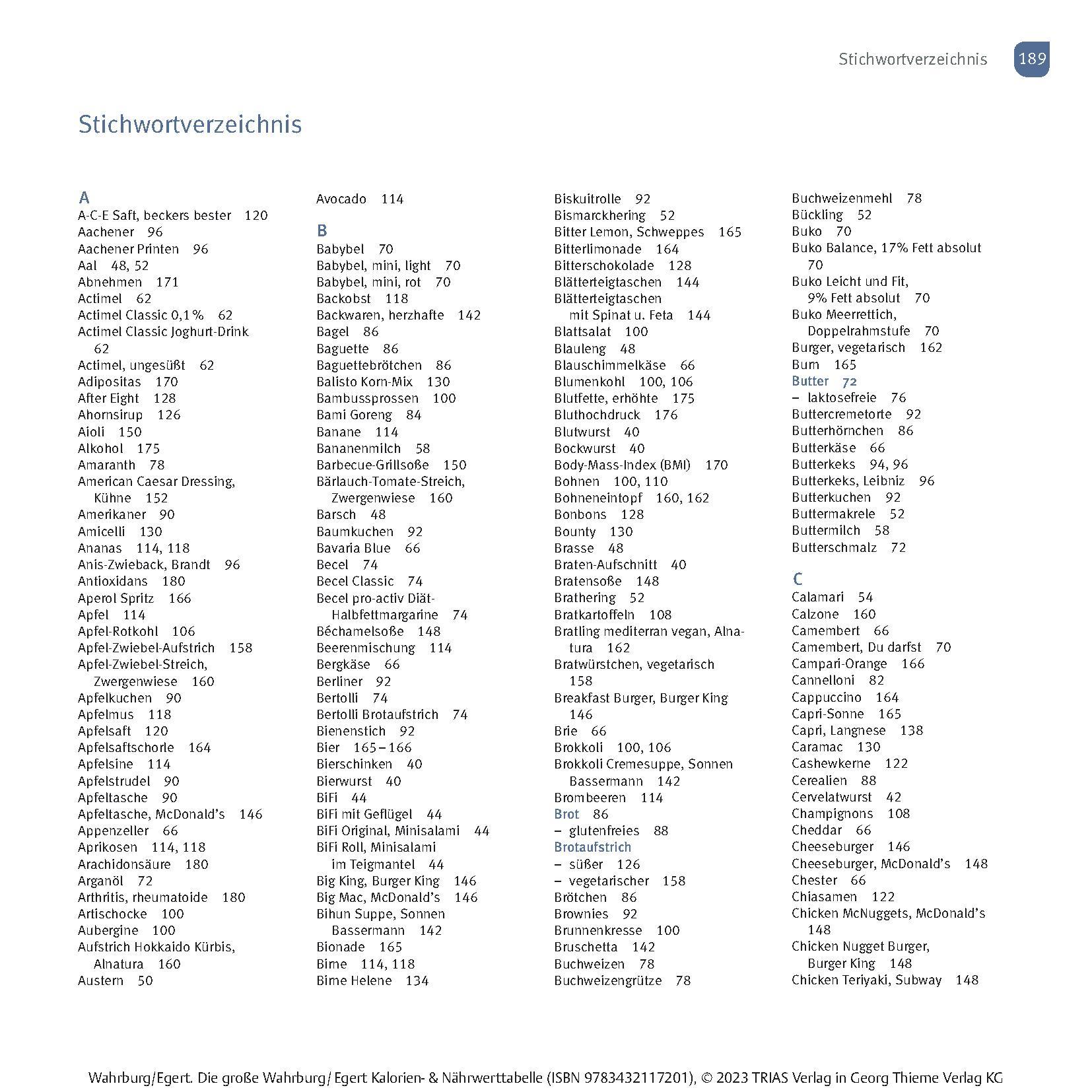 Beispielinhalt (Bild) Die große Wahrburg/Egert Kalorien-&-Nährwerttabelle