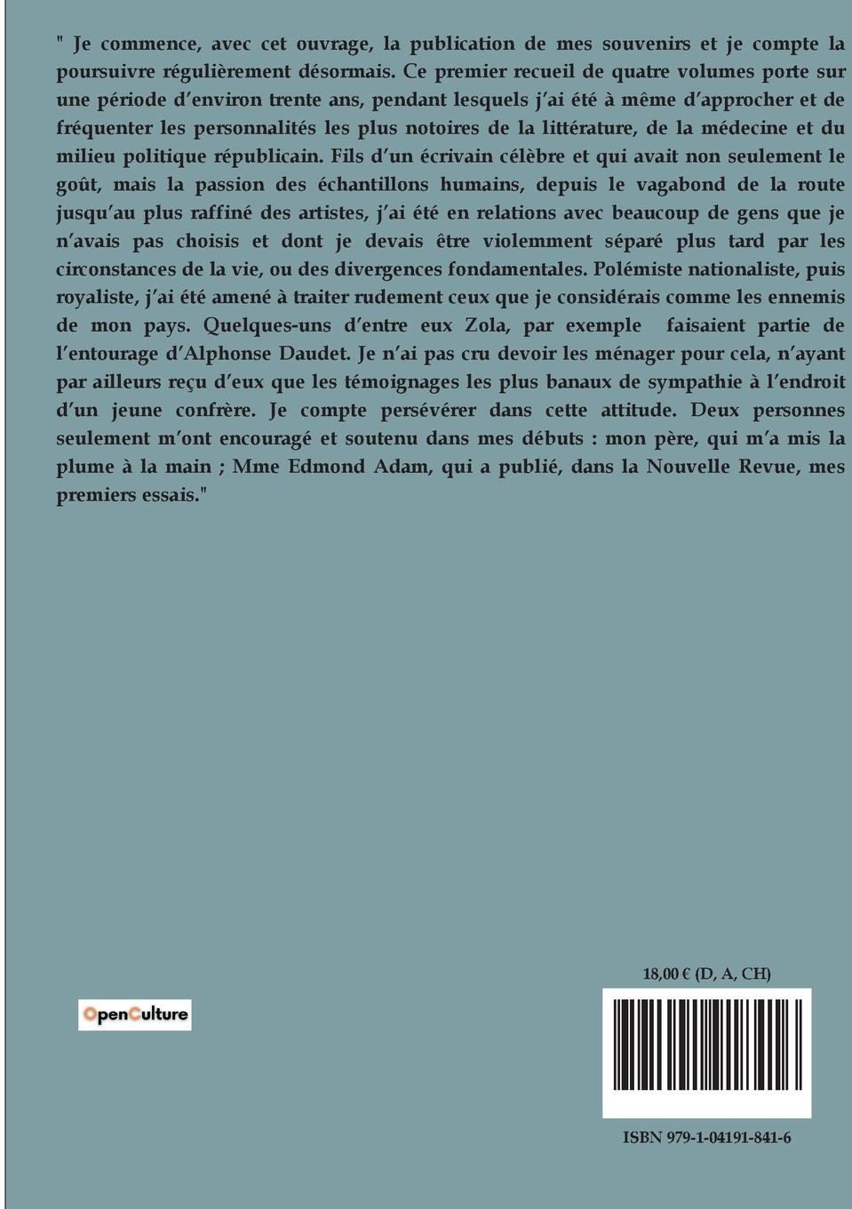 Rückseitencover Souvenirs des milieux littéraires, politiques, artistiques et médicaux