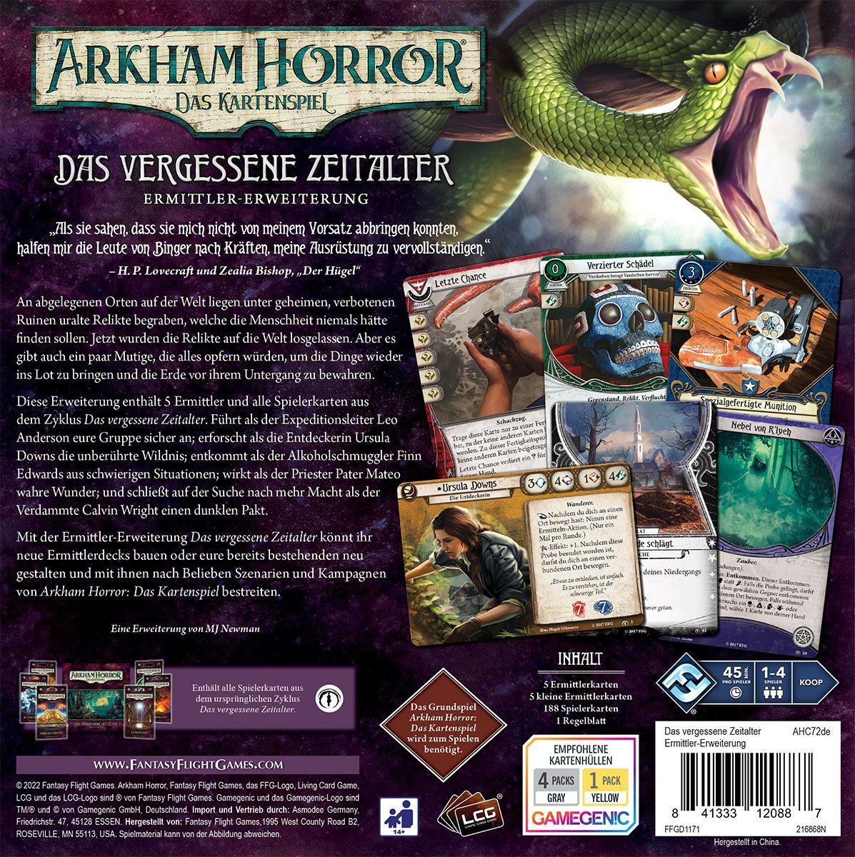 Beispielinhalt (Bild) Arkham Horror: Das Kartenspiel - Das vergessene Zeitalter (Ermittler-Erweiterung)