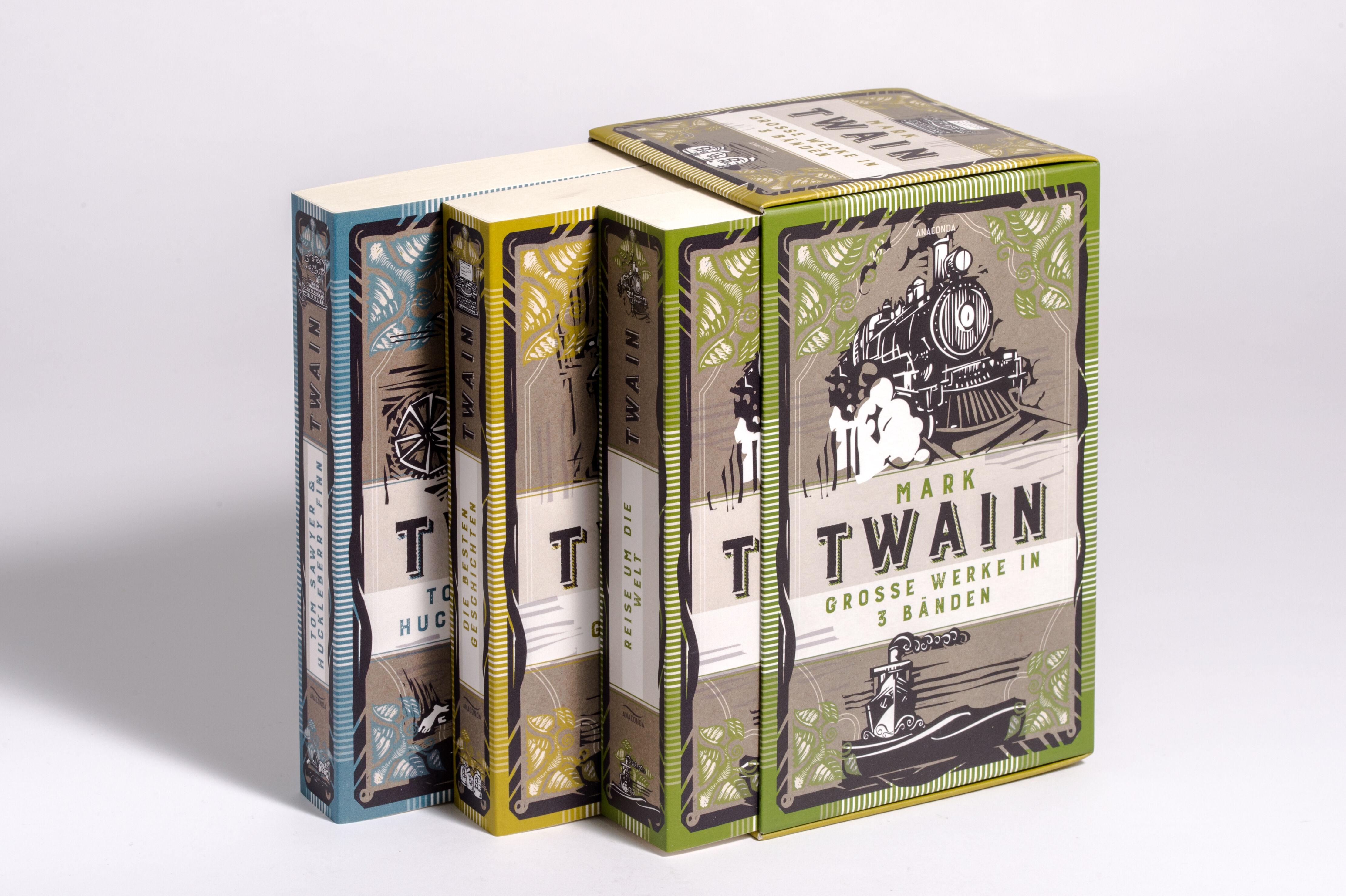 Beispielinhalt (Bild) Mark Twain, Grosse Werke in 3 Bänden im Schmuck-Schuber