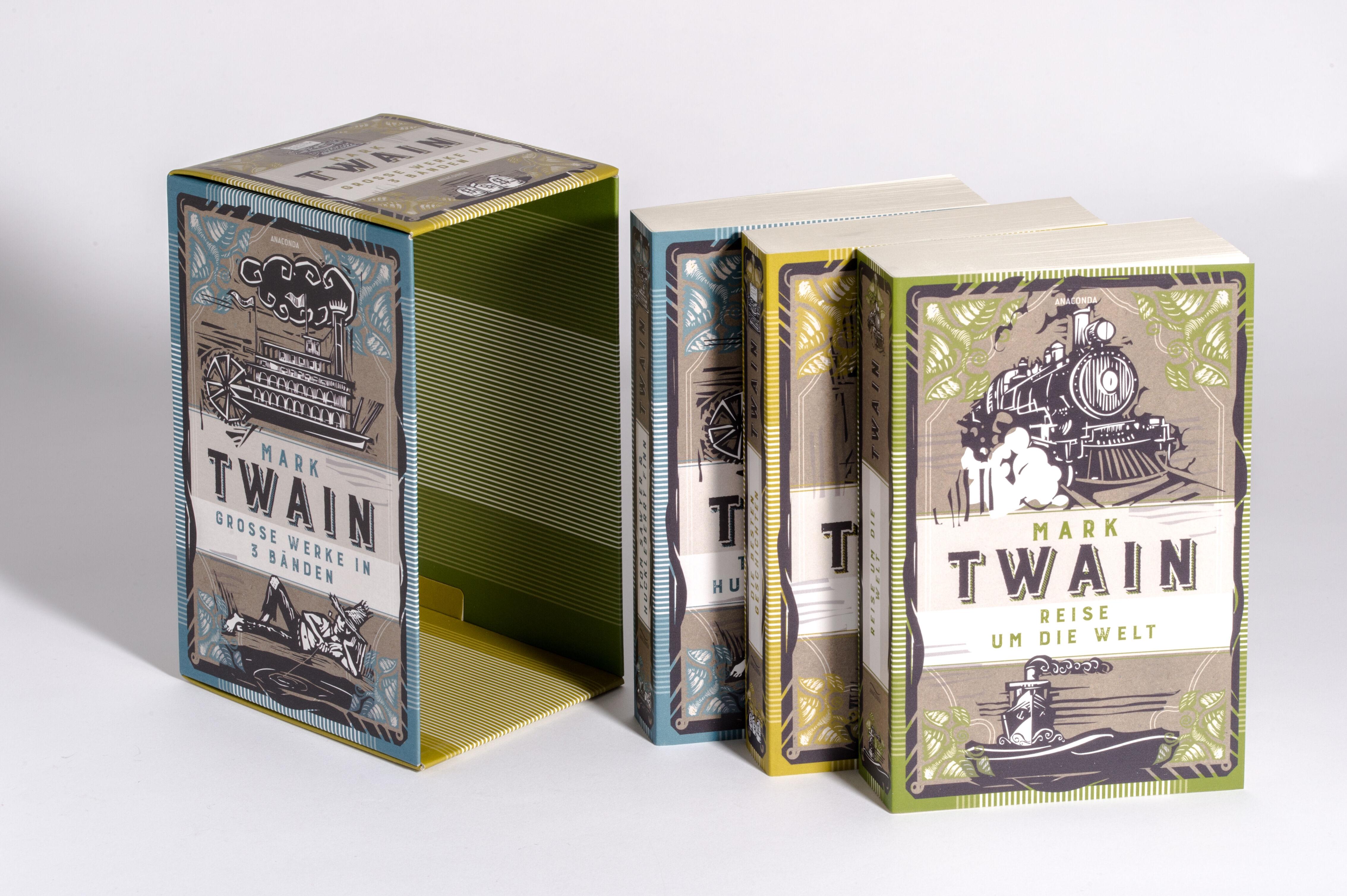 Beispielinhalt (Bild) Mark Twain, Grosse Werke in 3 Bänden im Schmuck-Schuber