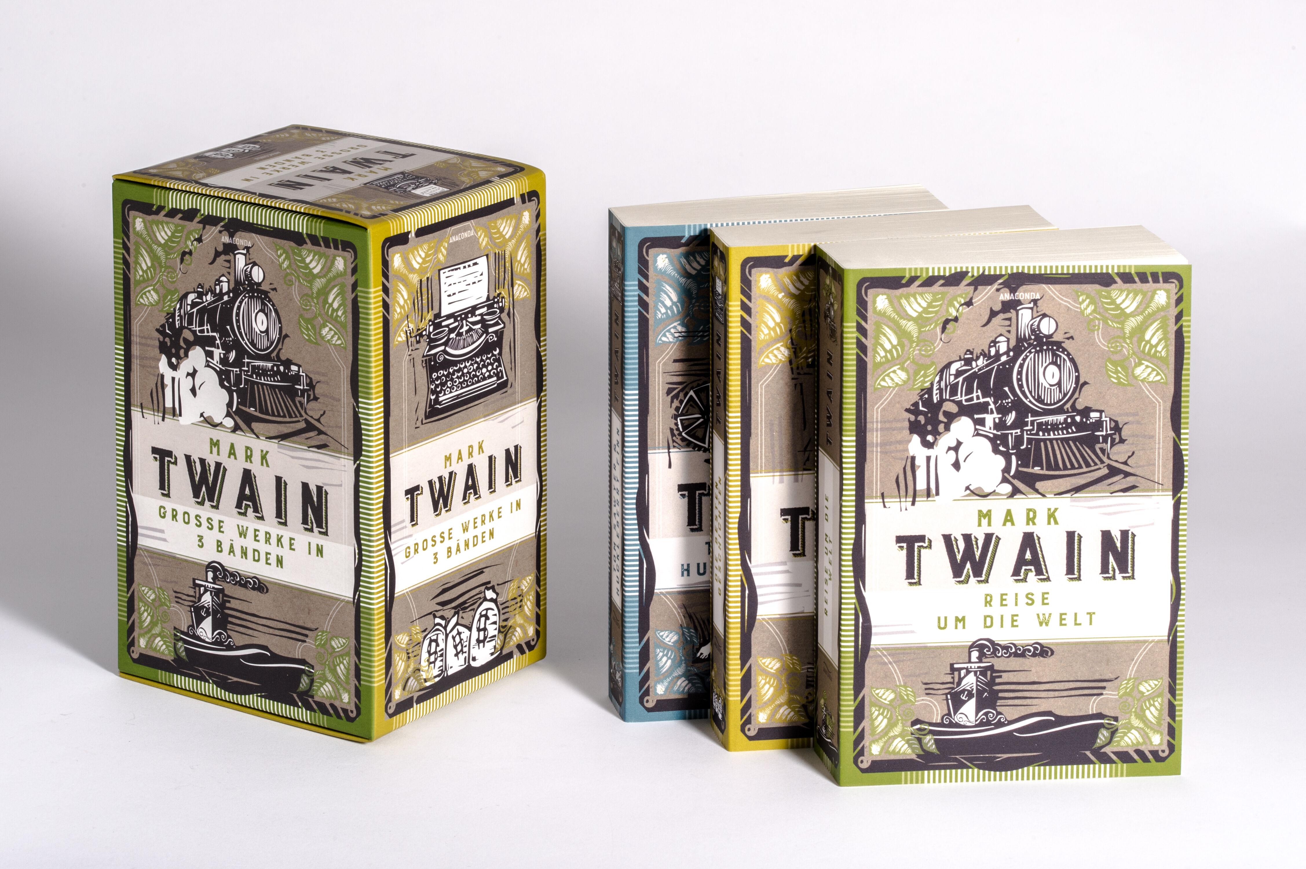 Beispielinhalt (Bild) Mark Twain, Grosse Werke in 3 Bänden im Schmuck-Schuber