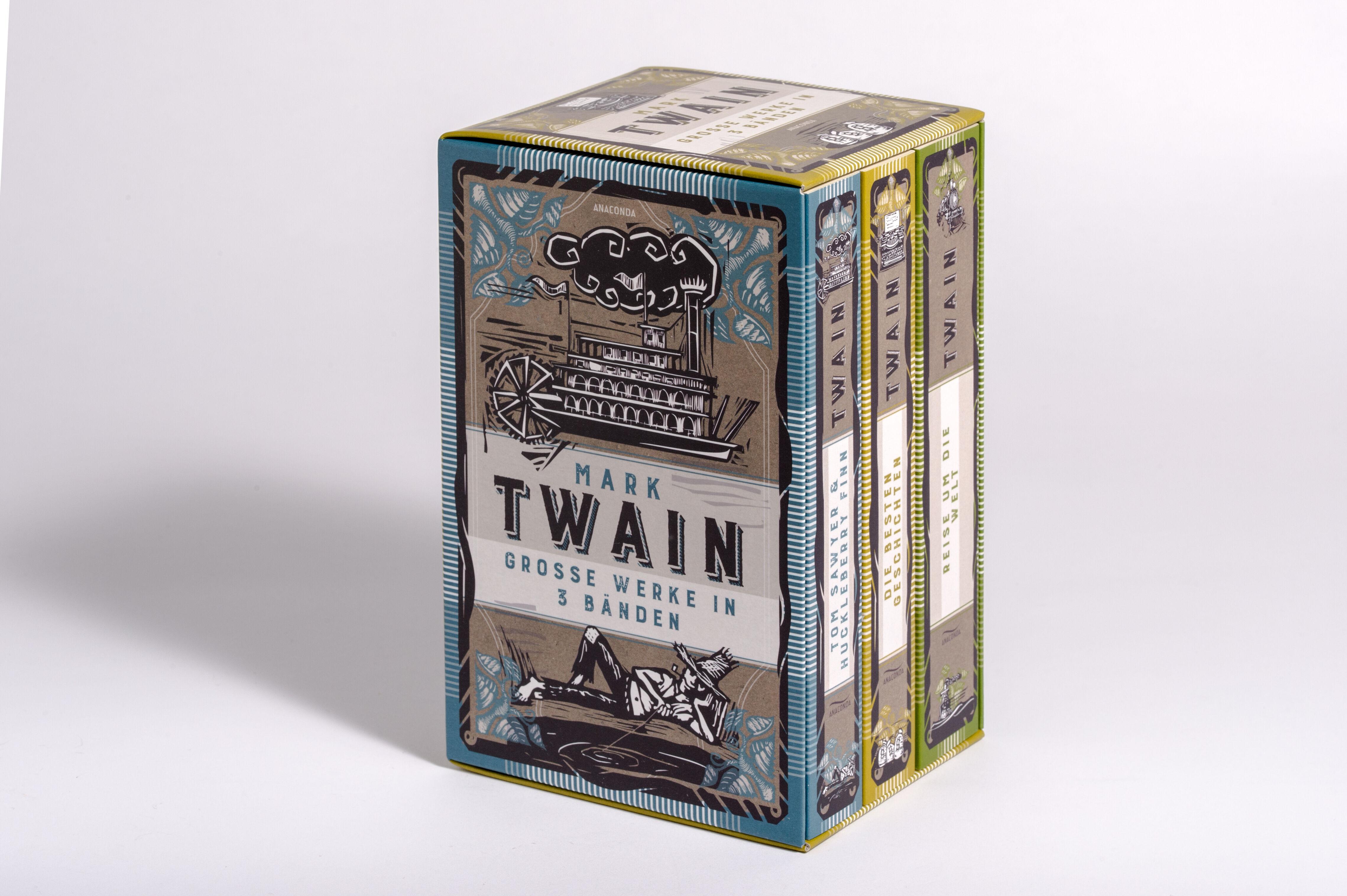 Beispielinhalt (Bild) Mark Twain, Grosse Werke in 3 Bänden im Schmuck-Schuber