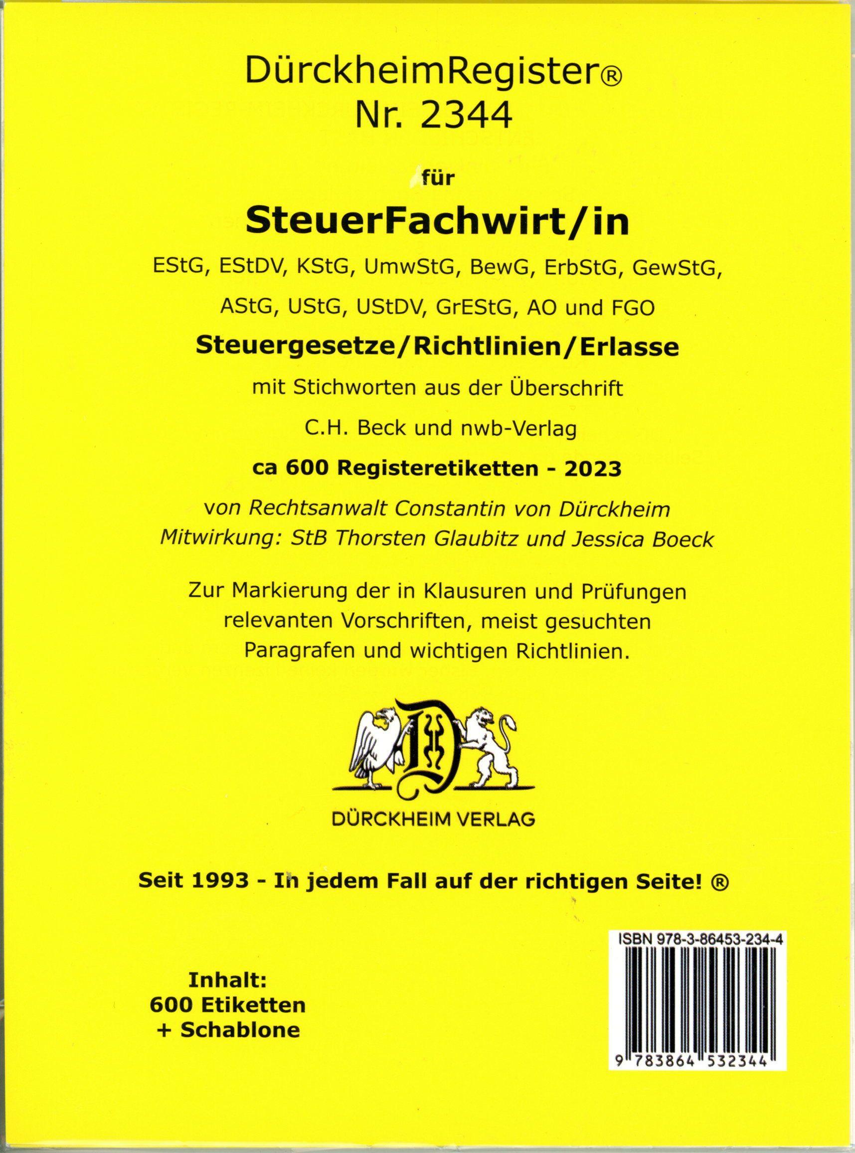 Vorderes Coverbild DürckheimRegister® STEUERFACHWIRT/IN 2023 Steuegesetze- Richtlinien + Erlasse mit Stichworten
