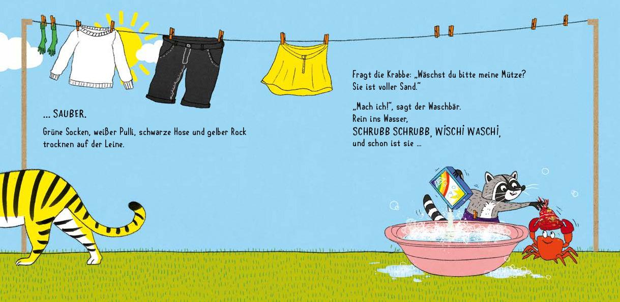 Beispielinhalt (Bild) Waschbär wäscht Wäsche