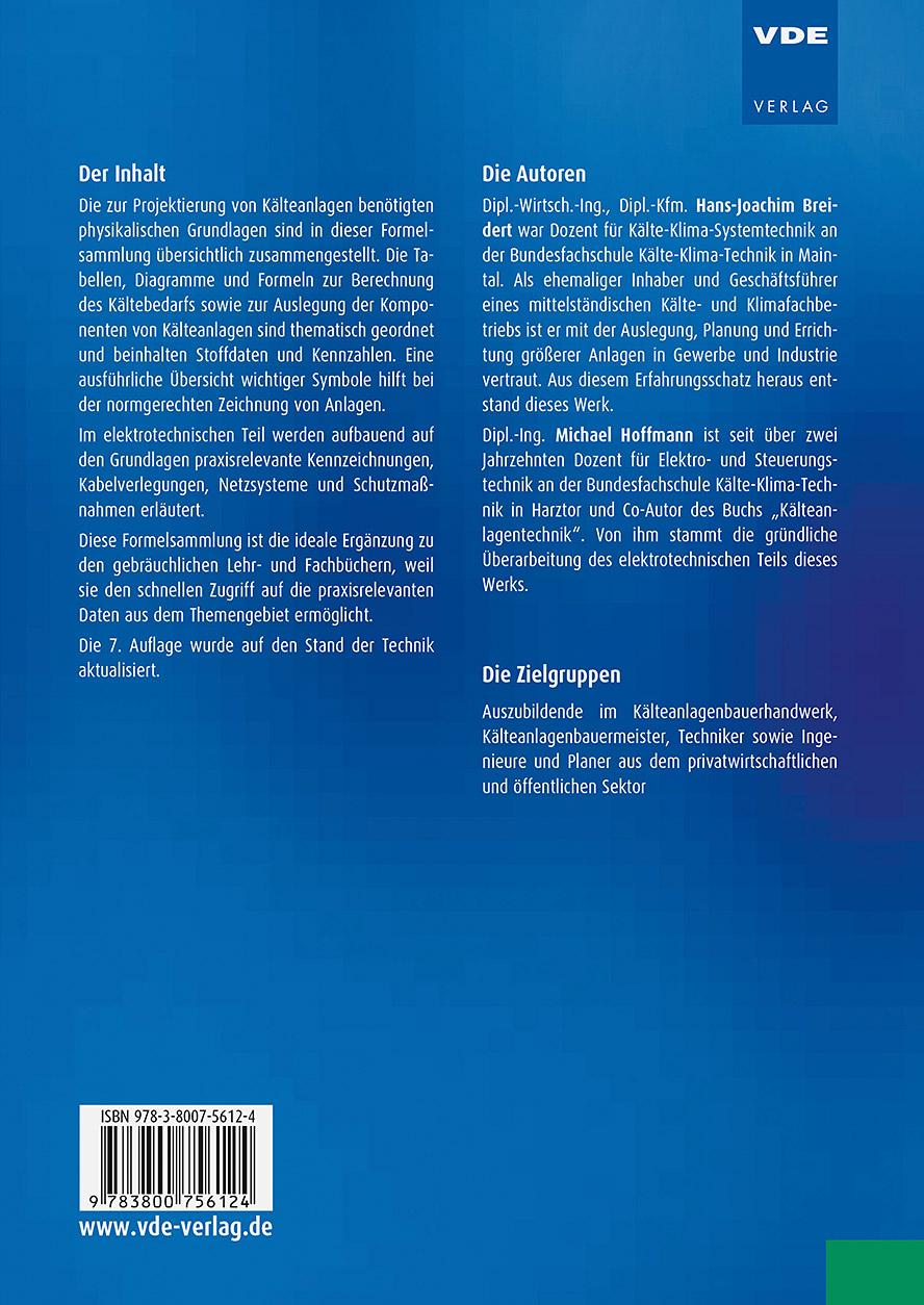 Rückseitencover Formeln, Tabellen und Diagramme für die Kälteanlagentechnik