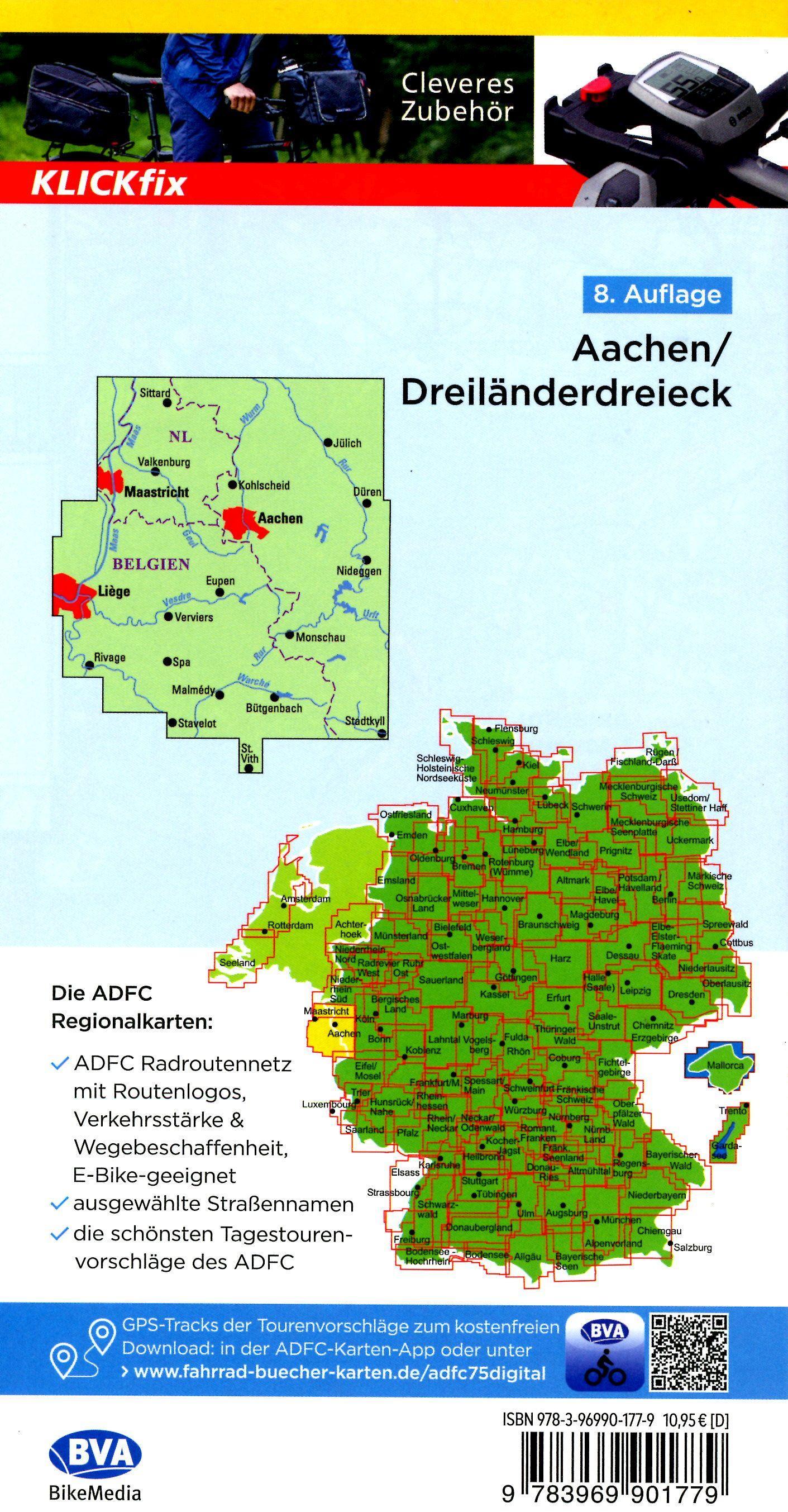 Beispielinhalt (Bild) ADFC-Regionalkarte Aachen Dreiländereck, 1:75.000, reiß- und wetterfest, mit kostenlosem GPS-Download der Touren via BVA-website oder Karten-App