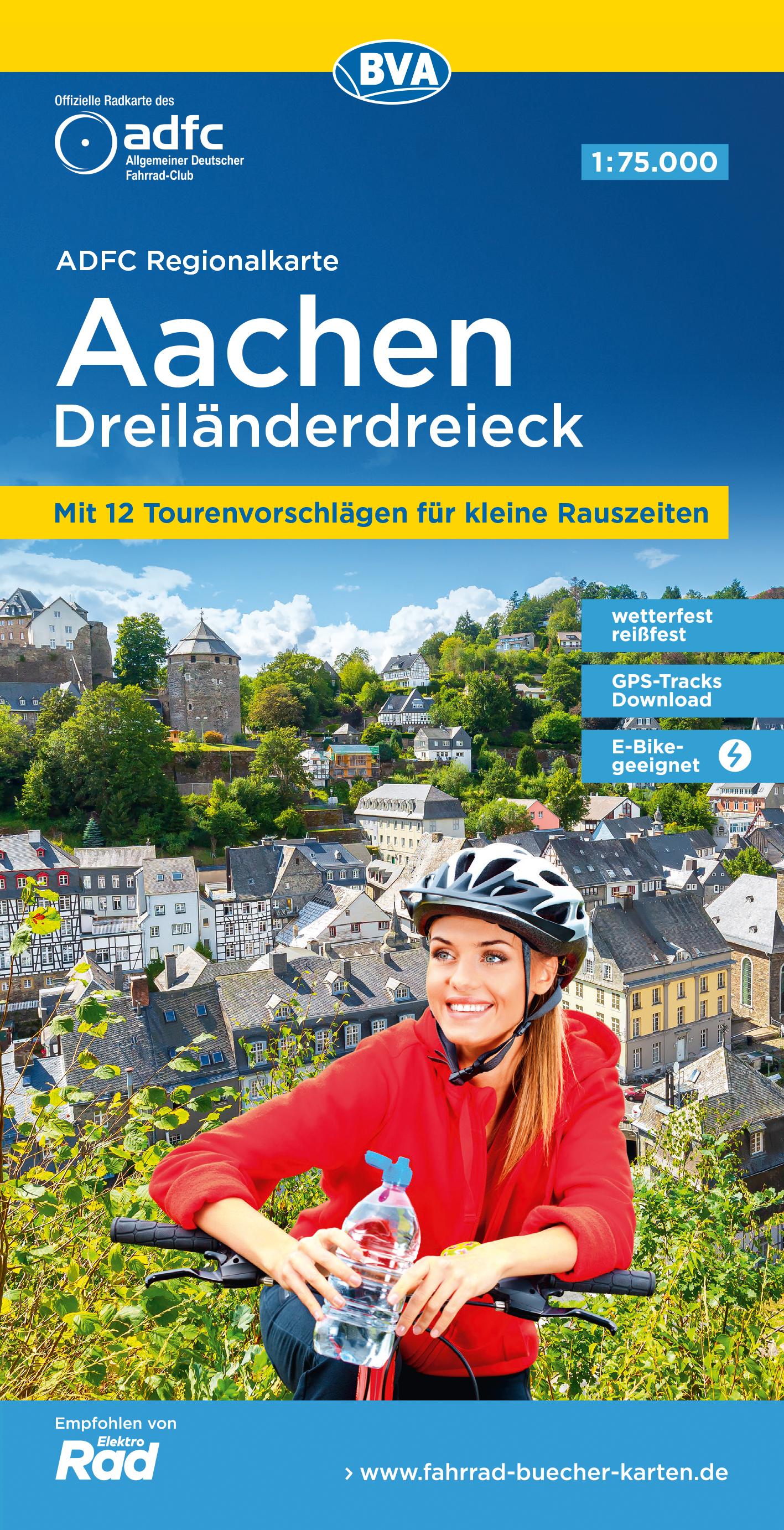 Vorderes Coverbild ADFC-Regionalkarte Aachen Dreiländereck, 1:75.000, reiß- und wetterfest, mit kostenlosem GPS-Download der Touren via BVA-website oder Karten-App