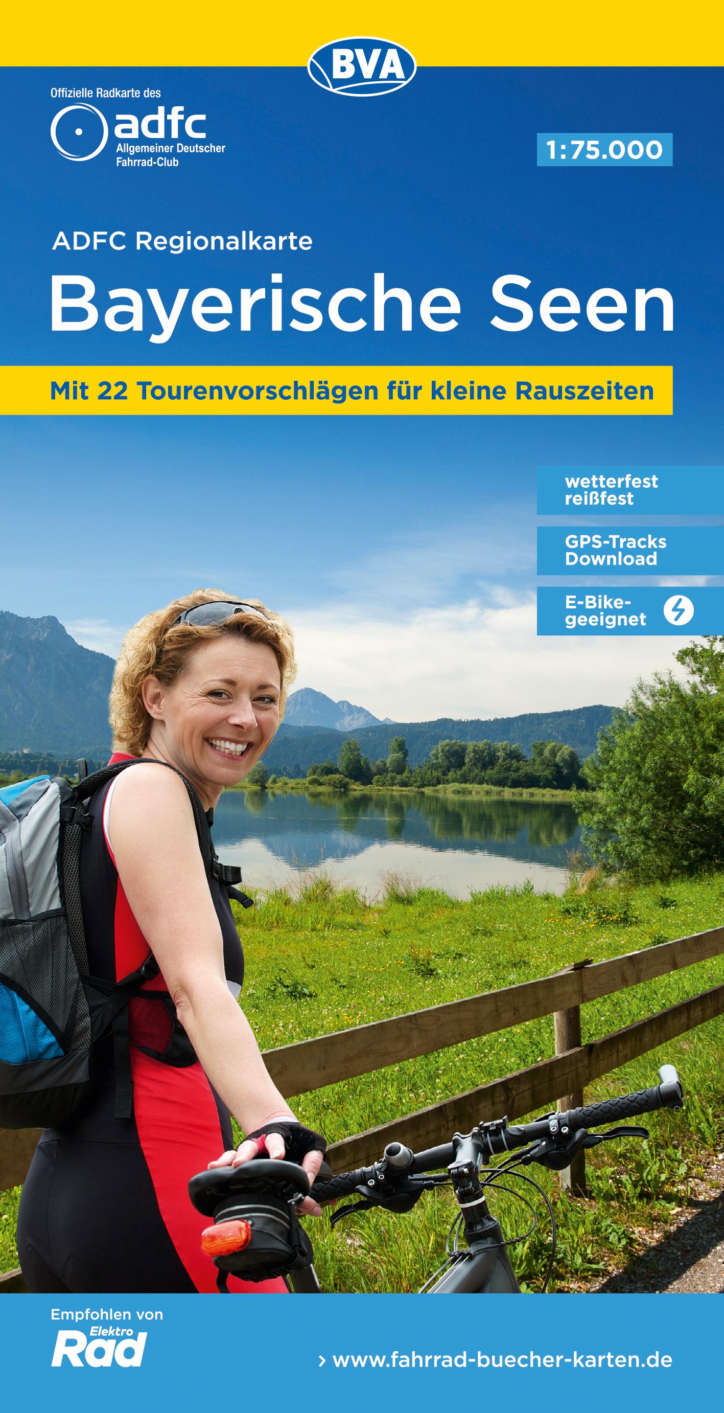Vorderes Coverbild ADFC-Regionalkarte Bayerische Seen, 1:75.000, reiß- und wetterfest, mit kostenlosem GPS-Download der Touren via BVA-website oder Karten-App