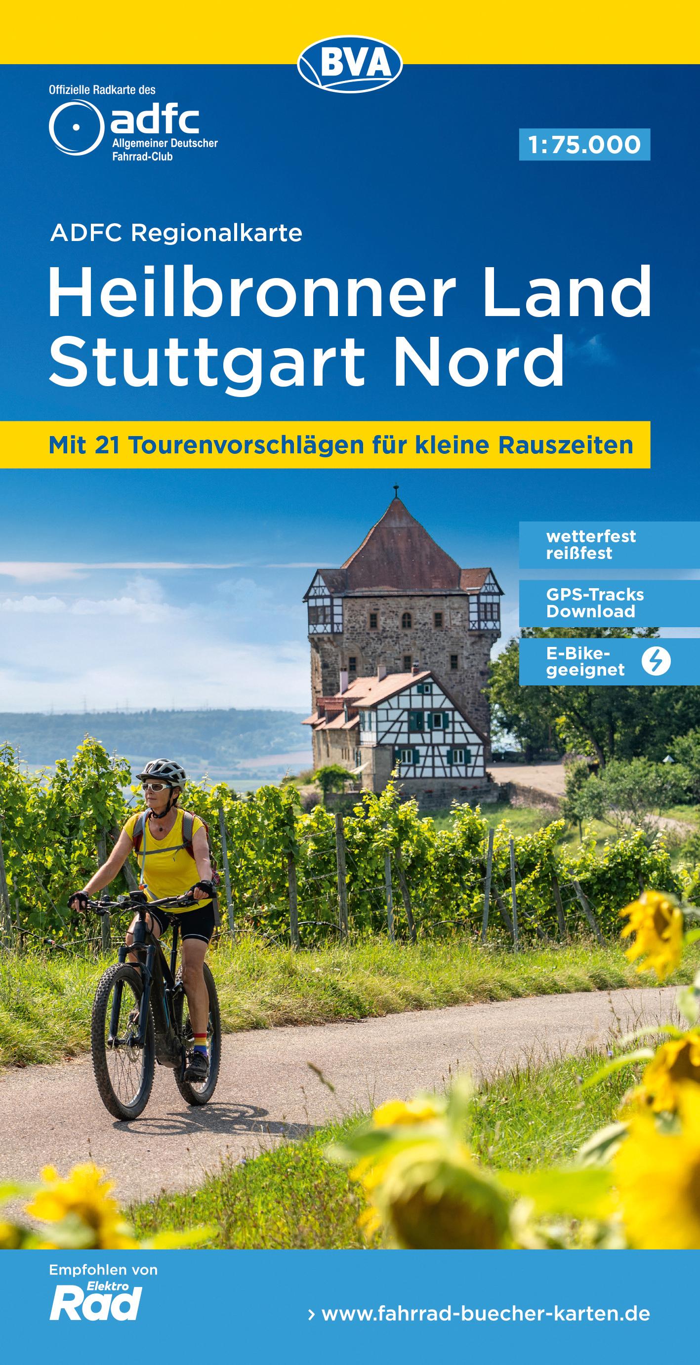 Vorderes Coverbild ADFC-Regionalkarte Heilbronner Land - Stuttgart Nord 1:75.000, reiß- und wetterfest, mit kostenlosem GPS-Download der Touren via BVA-website oder Karten-App