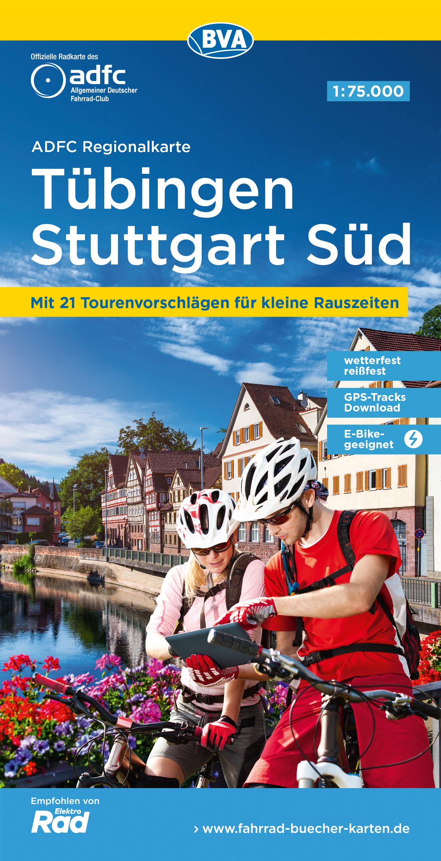 Vorderes Coverbild ADFC-Regionalkarte Tübingen - Stuttgart Süd, 1:75.000, reiß- und wetterfest,mit kostenlosem GPS-Download der Touren via BVA-website oder Karten-App