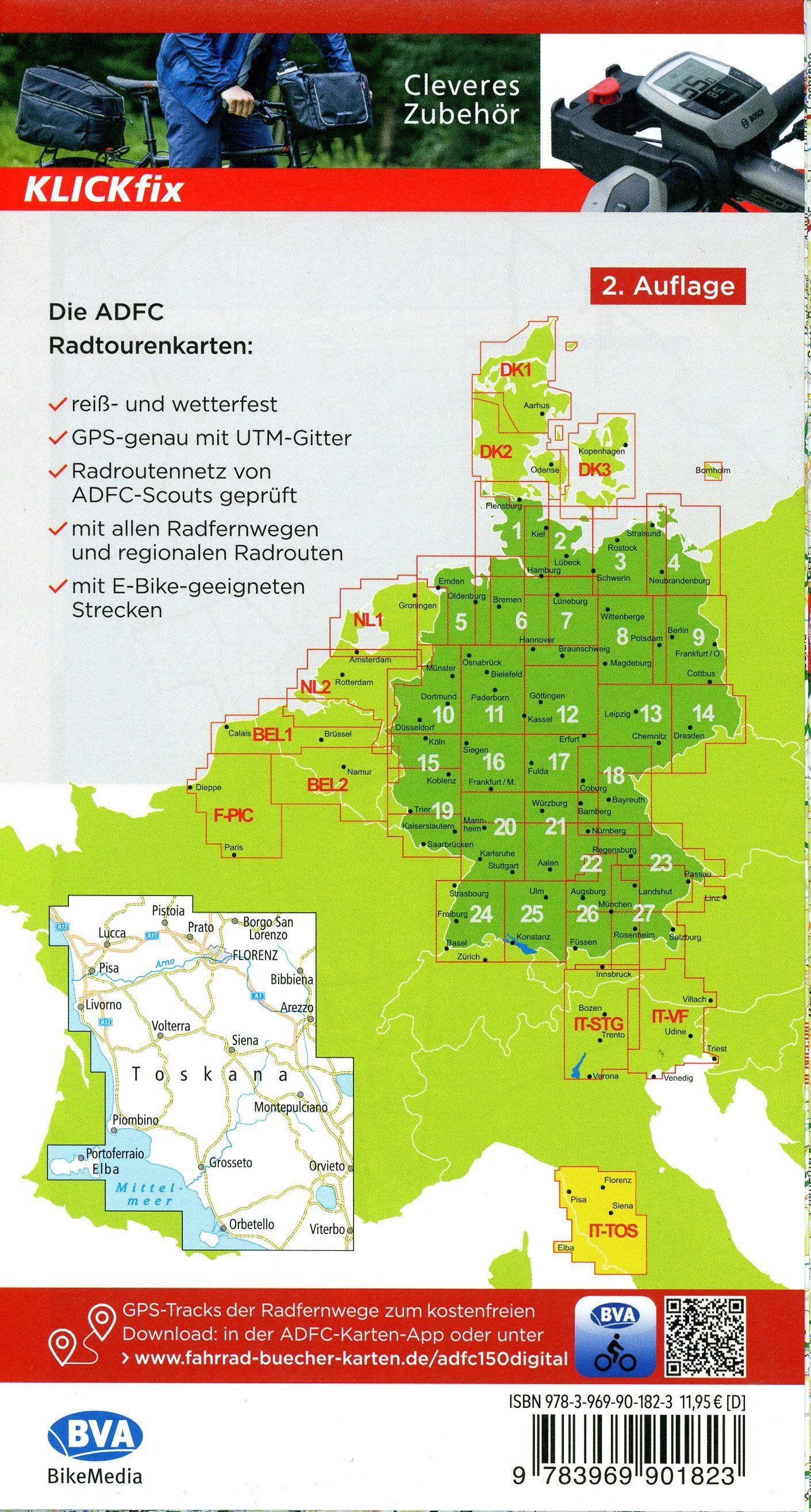 Beispielinhalt (Bild) ADFC-Radtourenkarte IT-TOS Toskana 1:150.000, reiß- und wetterfest, E-Bike geeignet, GPS-Tracks Download, mit Bett+Bike Symbolen, mit Kilometer-Angaben