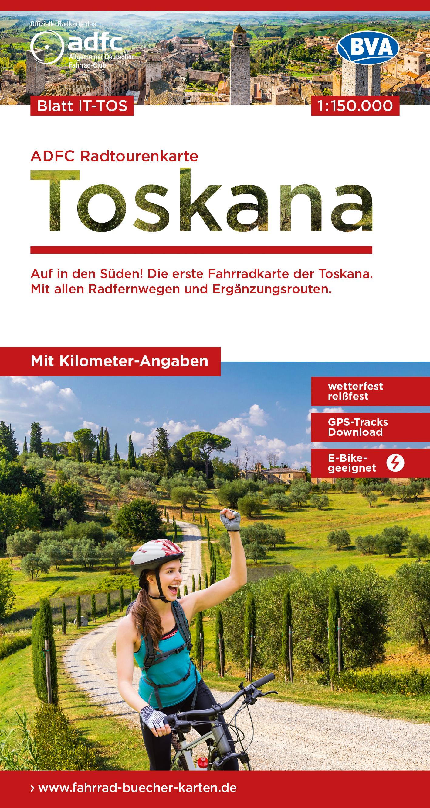 Vorderes Coverbild ADFC-Radtourenkarte IT-TOS Toskana 1:150.000, reiß- und wetterfest, E-Bike geeignet, GPS-Tracks Download, mit Bett+Bike Symbolen, mit Kilometer-Angaben