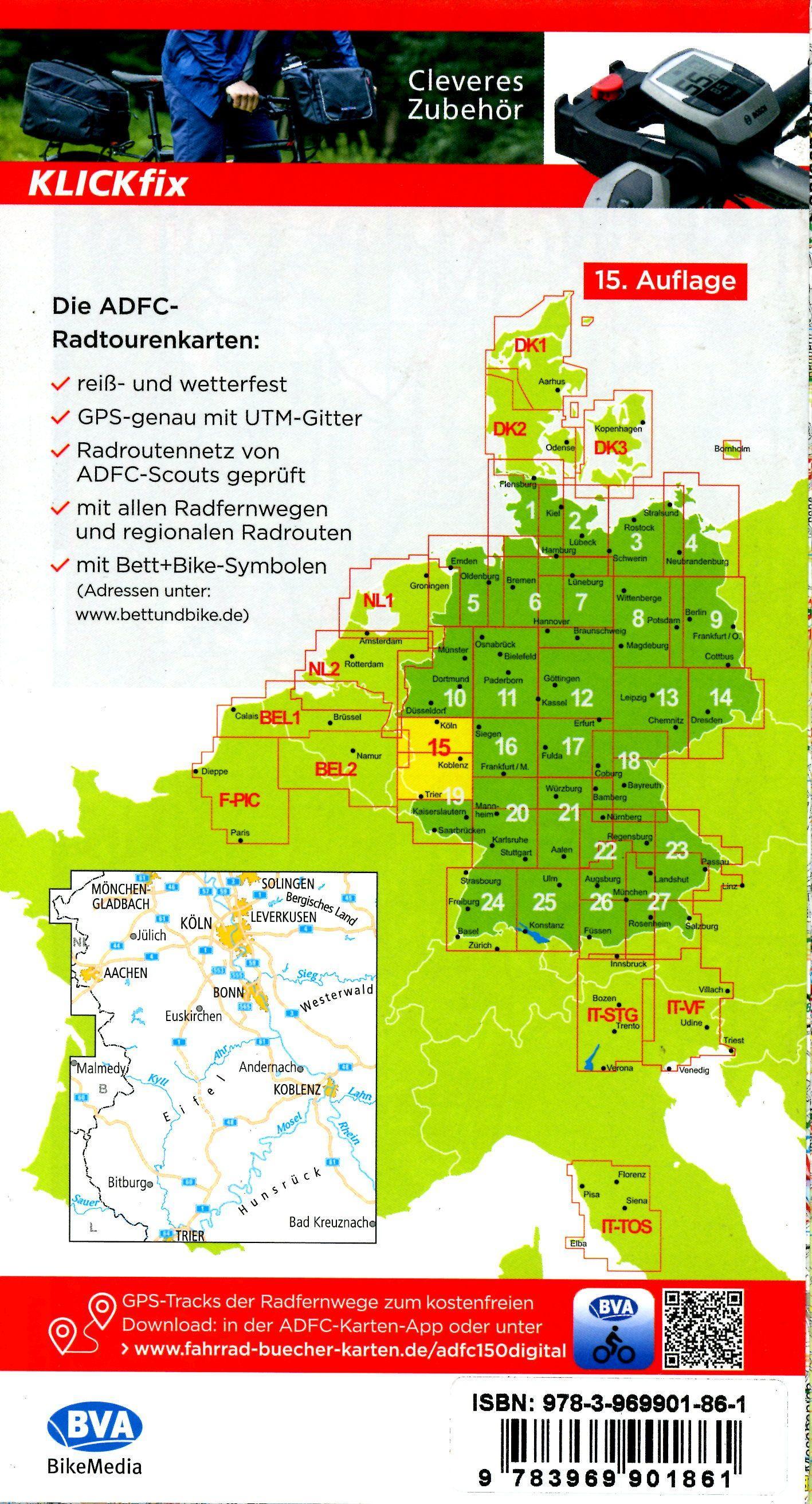 Beispielinhalt (Bild) ADFC-Radtourenkarte 15 Rheinland /Eifel 1:150.000, reiß- und wetterfest, E-Bike geeignet, GPS-Tracks Download, mit Bett+Bike Symbolen, mit Kilometer-Angaben