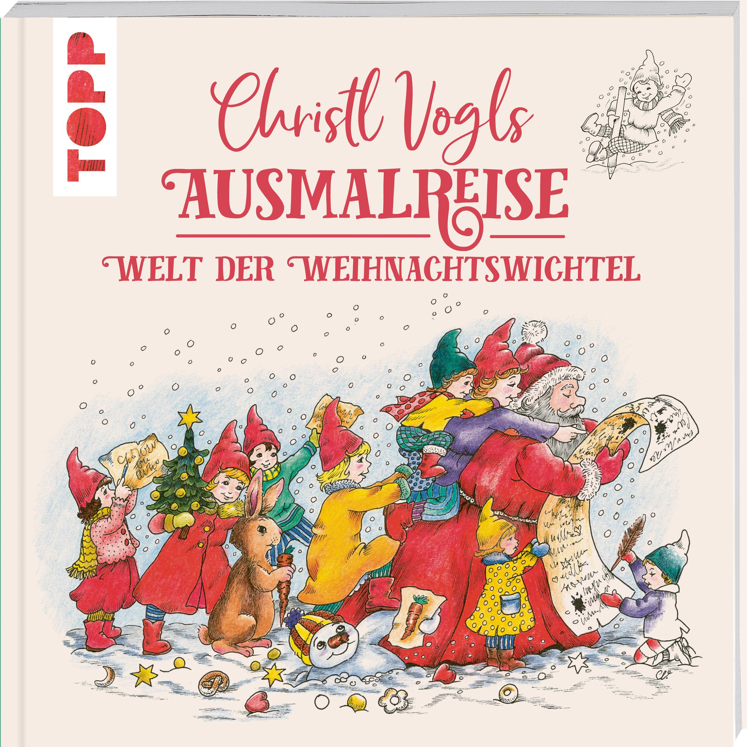 Vorderes Coverbild Christl Vogls Ausmalreise - Welt der Weihnachtswichtel