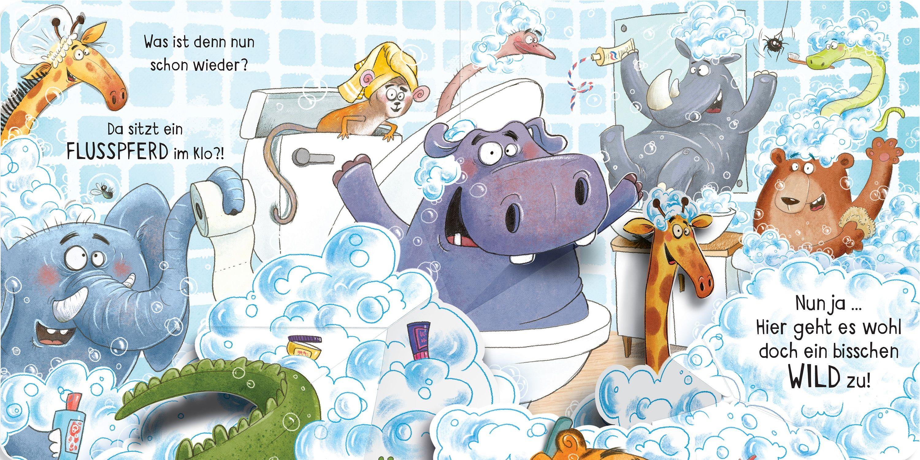 Beispielinhalt (Bild) Mein verrücktes Pop-up-Klappenbuch: Achtung, Flusspferd im Klo!