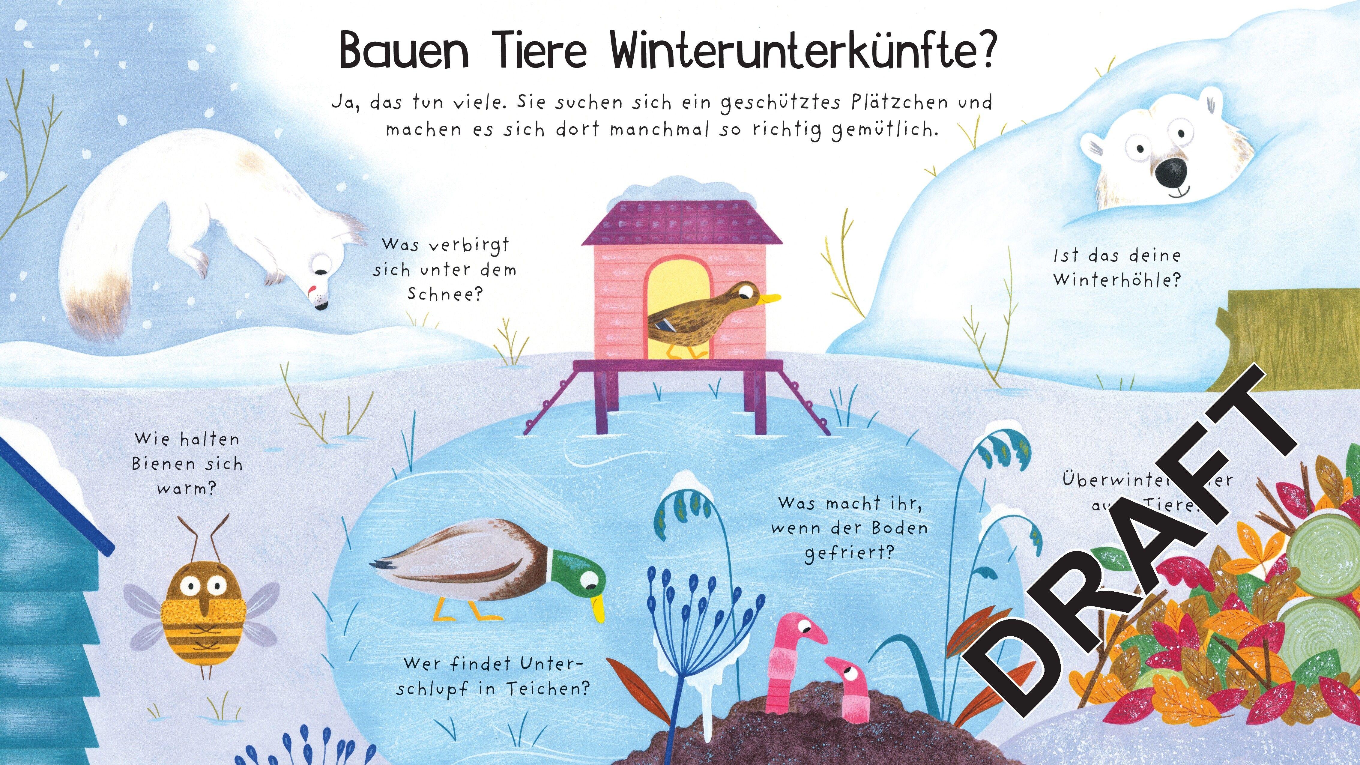 Beispielinhalt (Bild) Erstes Aufklappen und Verstehen: Wo sind die Tiere im Winter?