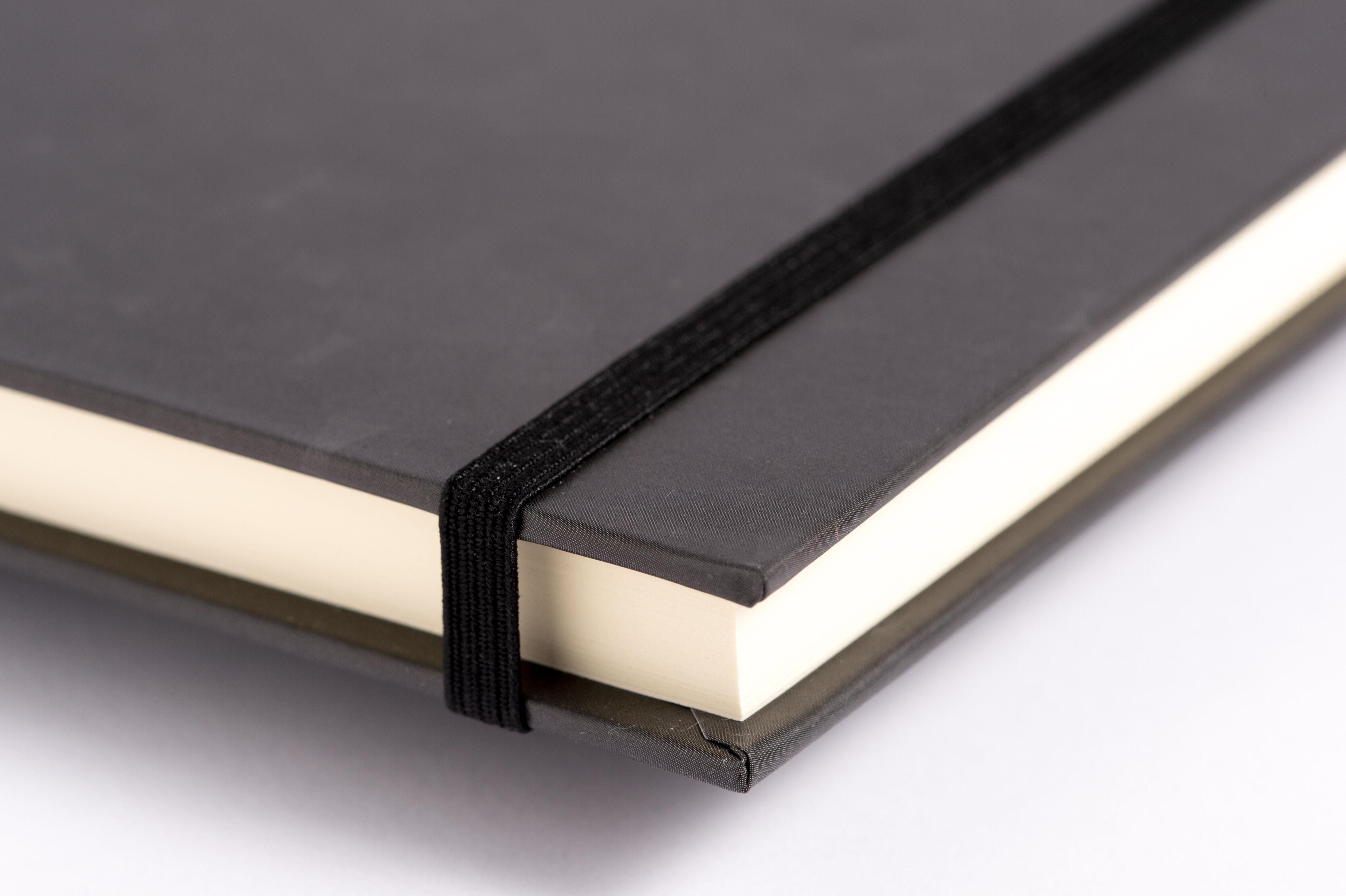 Beispielinhalt (Bild) Anaconda Notizbuch/Notebook/Blank Book, punktiert, textiles Gummiband, schwarz, Hardcover (A5), 120g/m² Papier