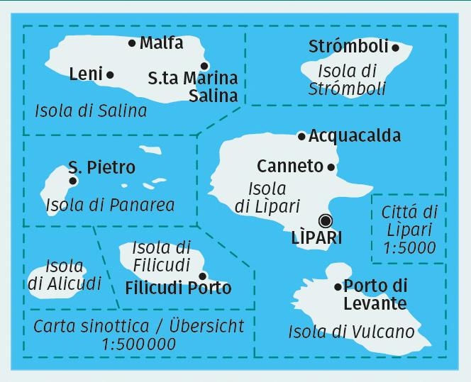 Beispielinhalt (Bild) KOMPASS Wanderkarte 693 Liparische Inseln, Isole Eólie o Lìpari, Alicudi, Filicudi, Lìpari, Panarea, Salina, Strómboli, Vulcano 1:25.000