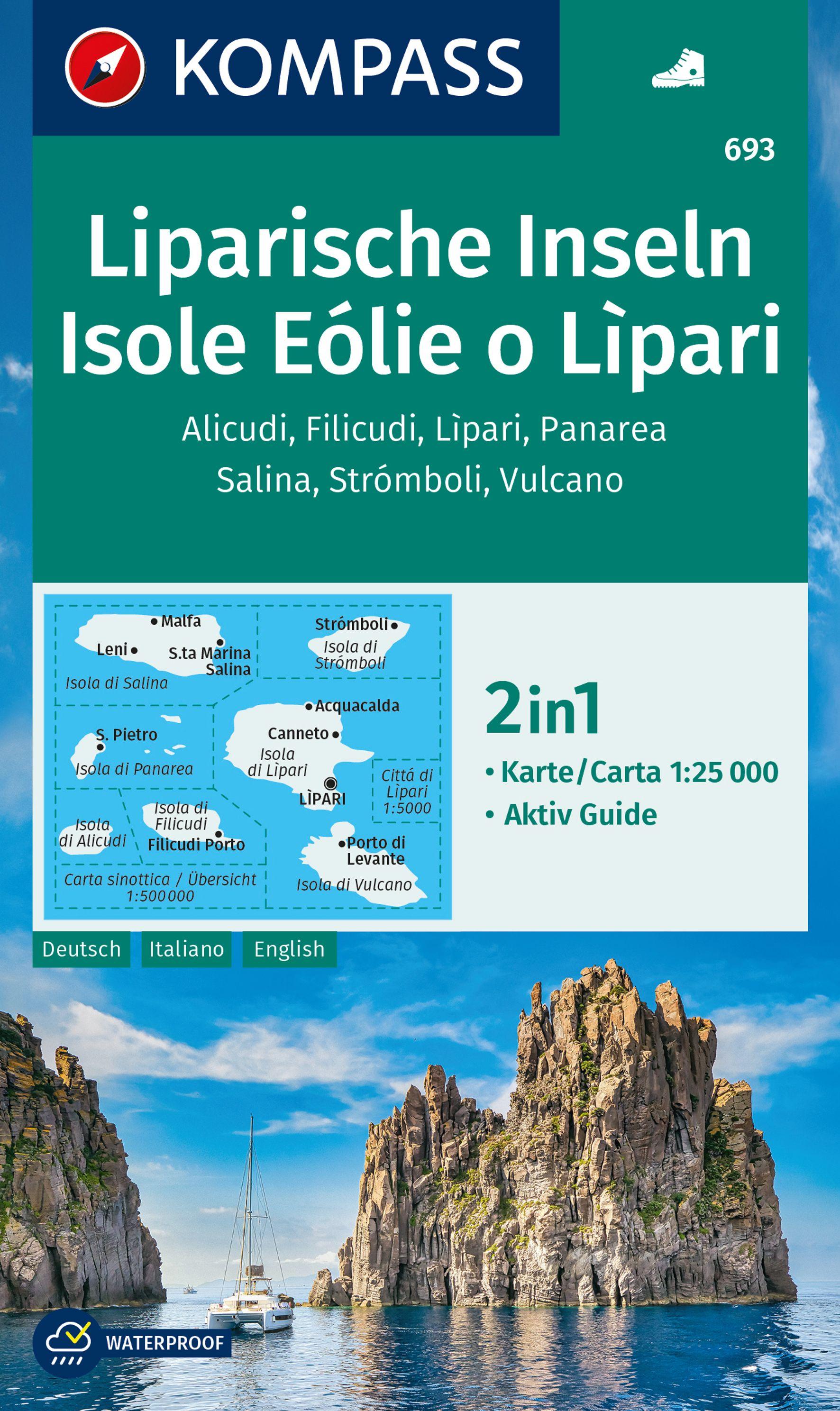 Vorderes Coverbild KOMPASS Wanderkarte 693 Liparische Inseln, Isole Eólie o Lìpari, Alicudi, Filicudi, Lìpari, Panarea, Salina, Strómboli, Vulcano 1:25.000