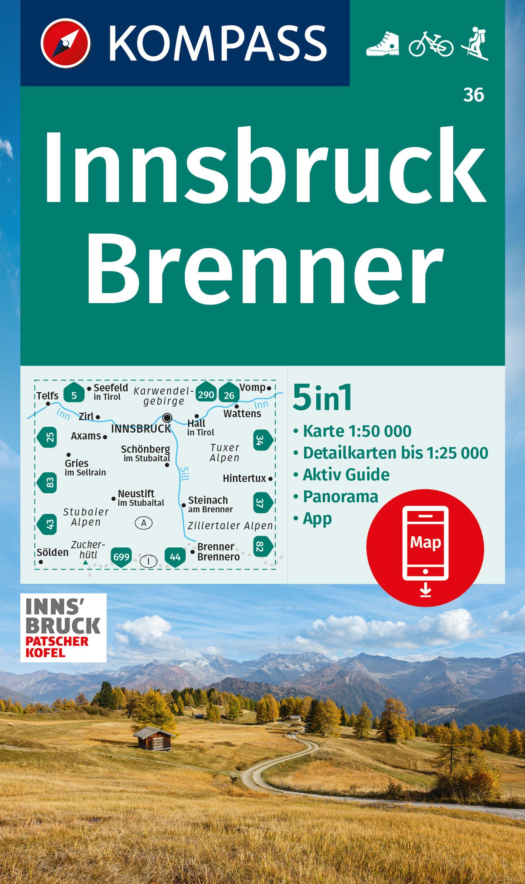 Vorderes Coverbild KOMPASS Wanderkarte 36 Innsbruck, Brenner 1:50.000
